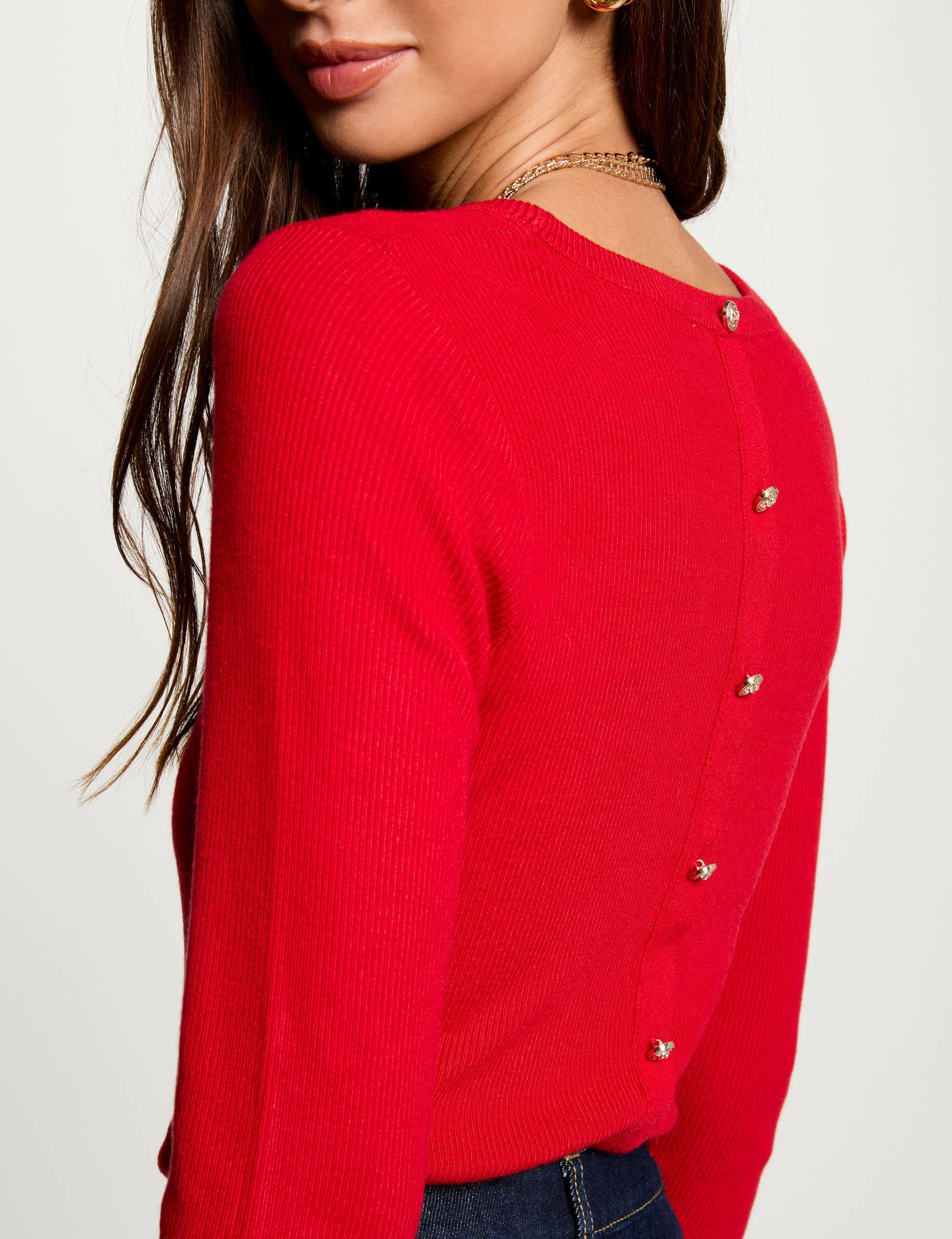 Pull col rond manches 3/4 rouge femme