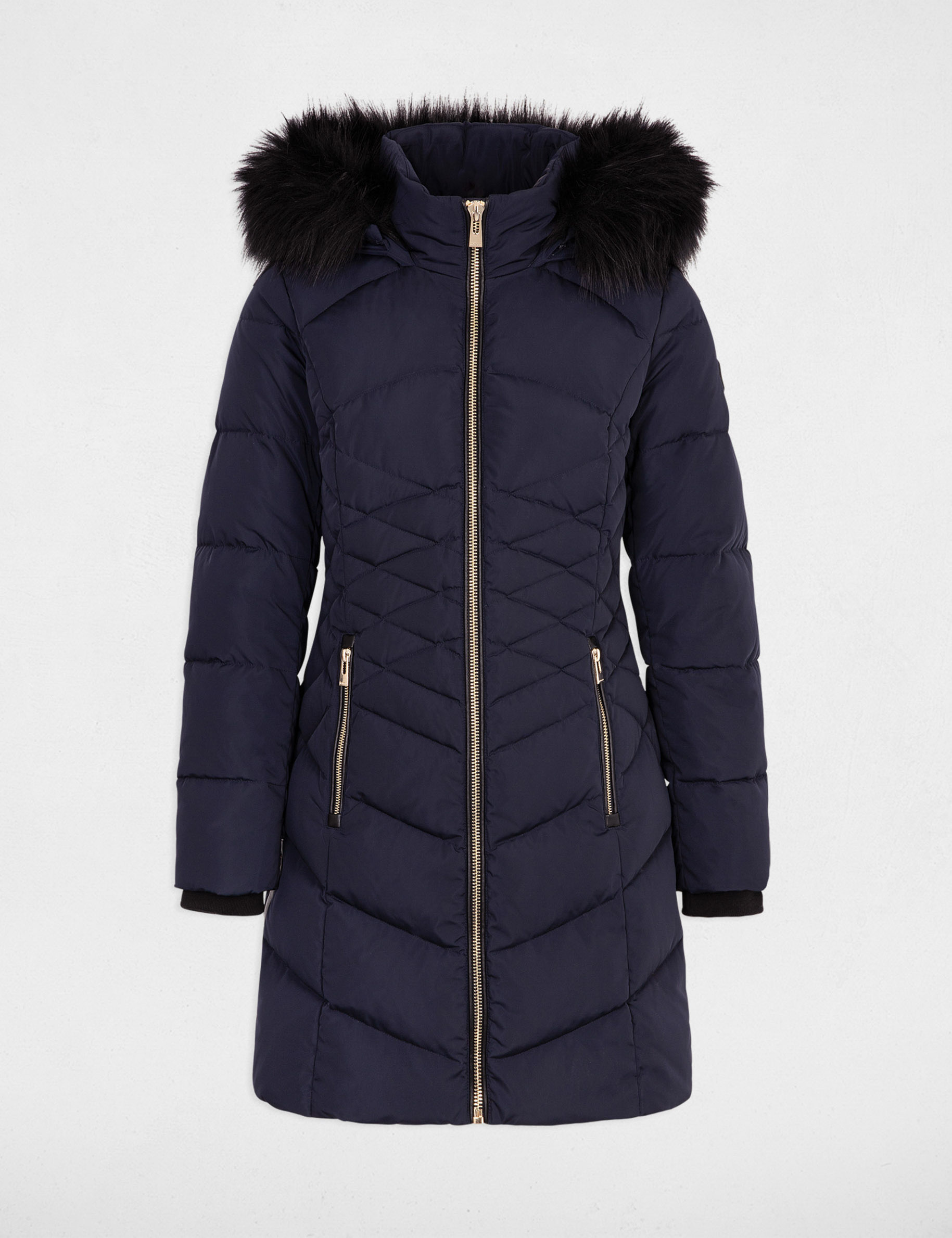 Long padded jacket with hood navy women