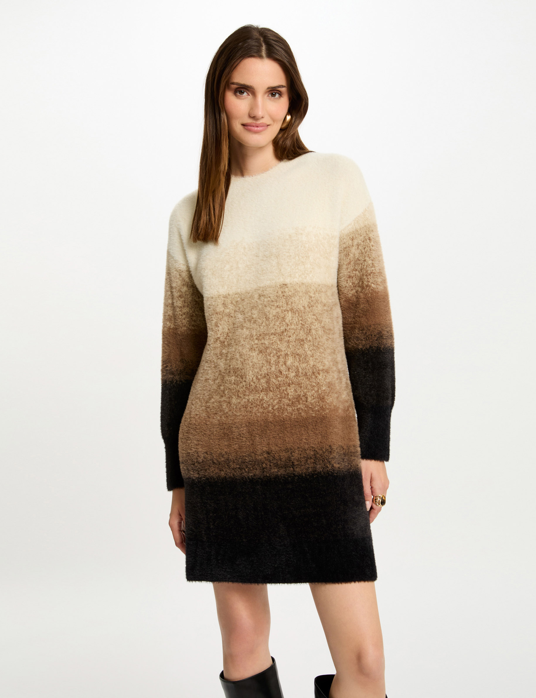 Mini straight knitted dress camel women