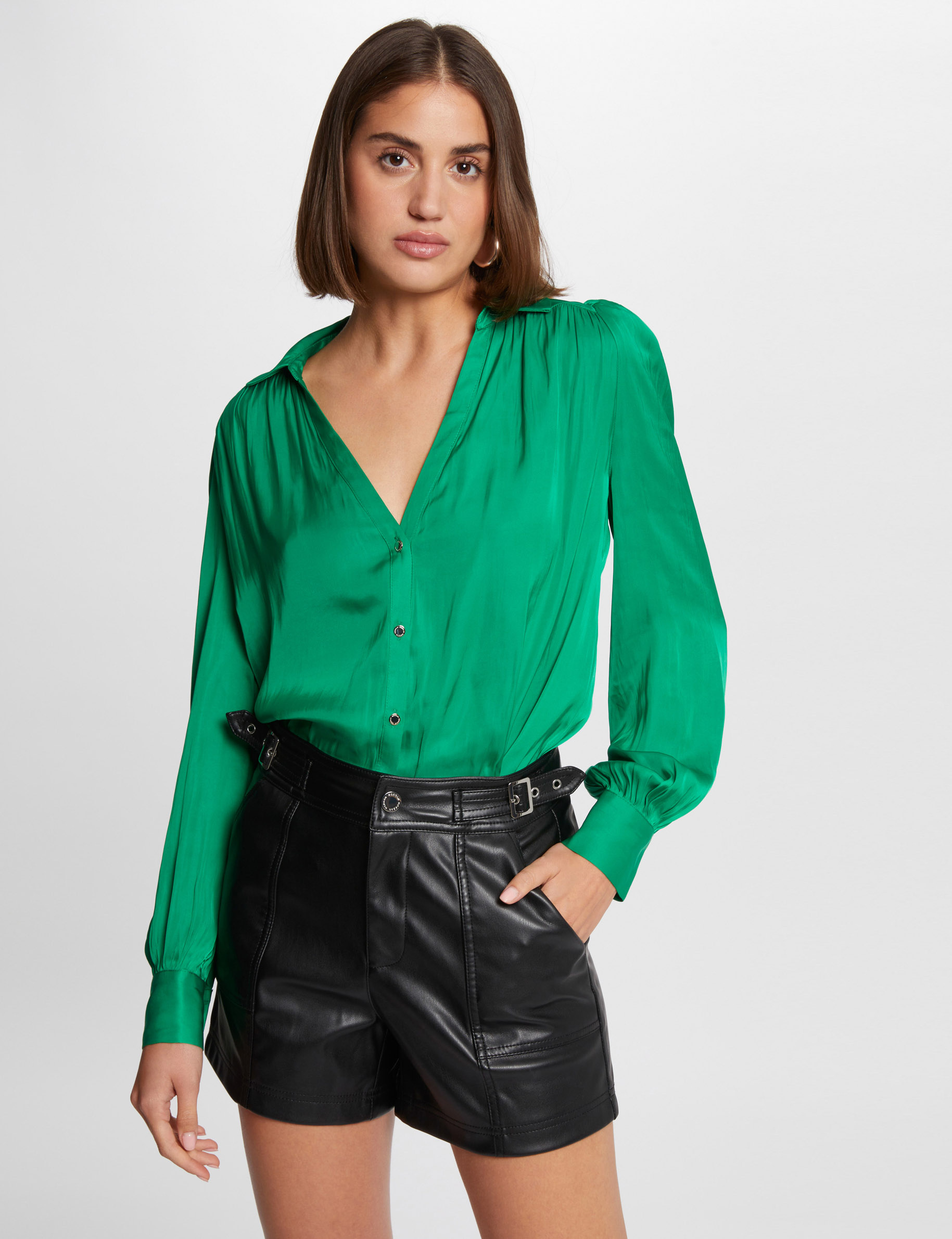 Long-sleeved satin shirt green women