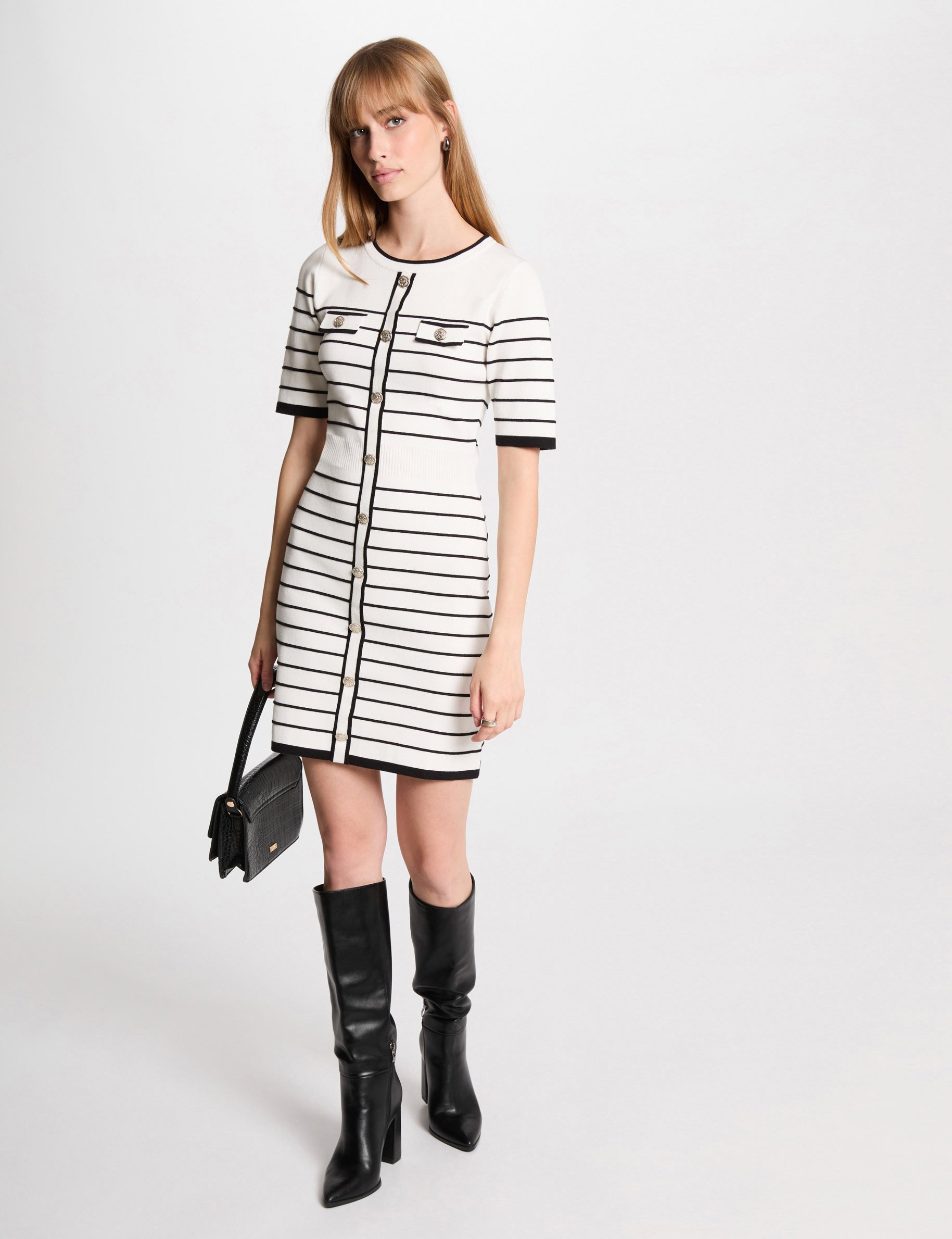 Mini knitted dress stripes white women