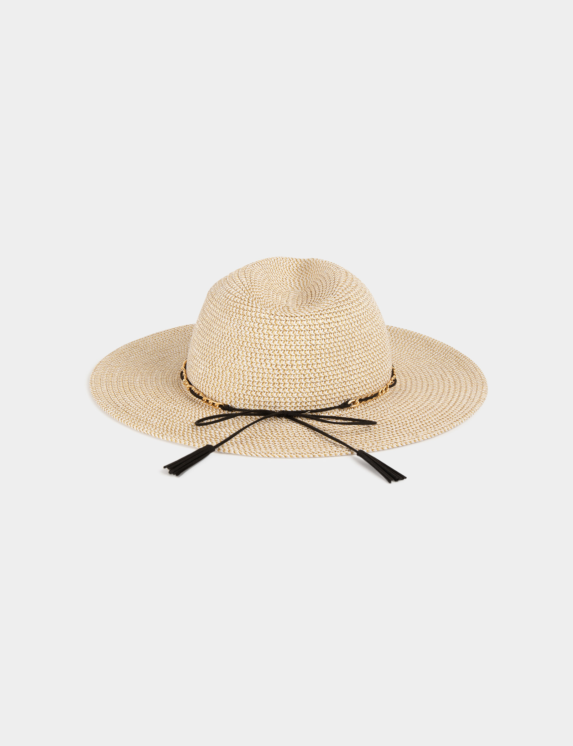 Chapeau tressé détail chaîne beige femme