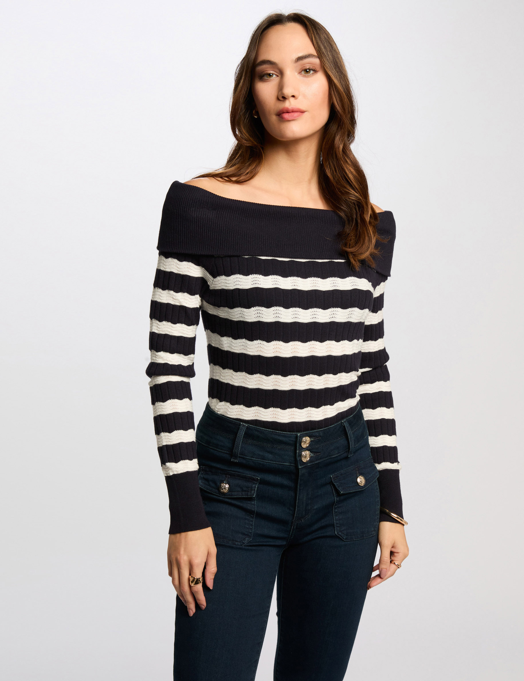 Jumper off the shoulder collar navy blue women