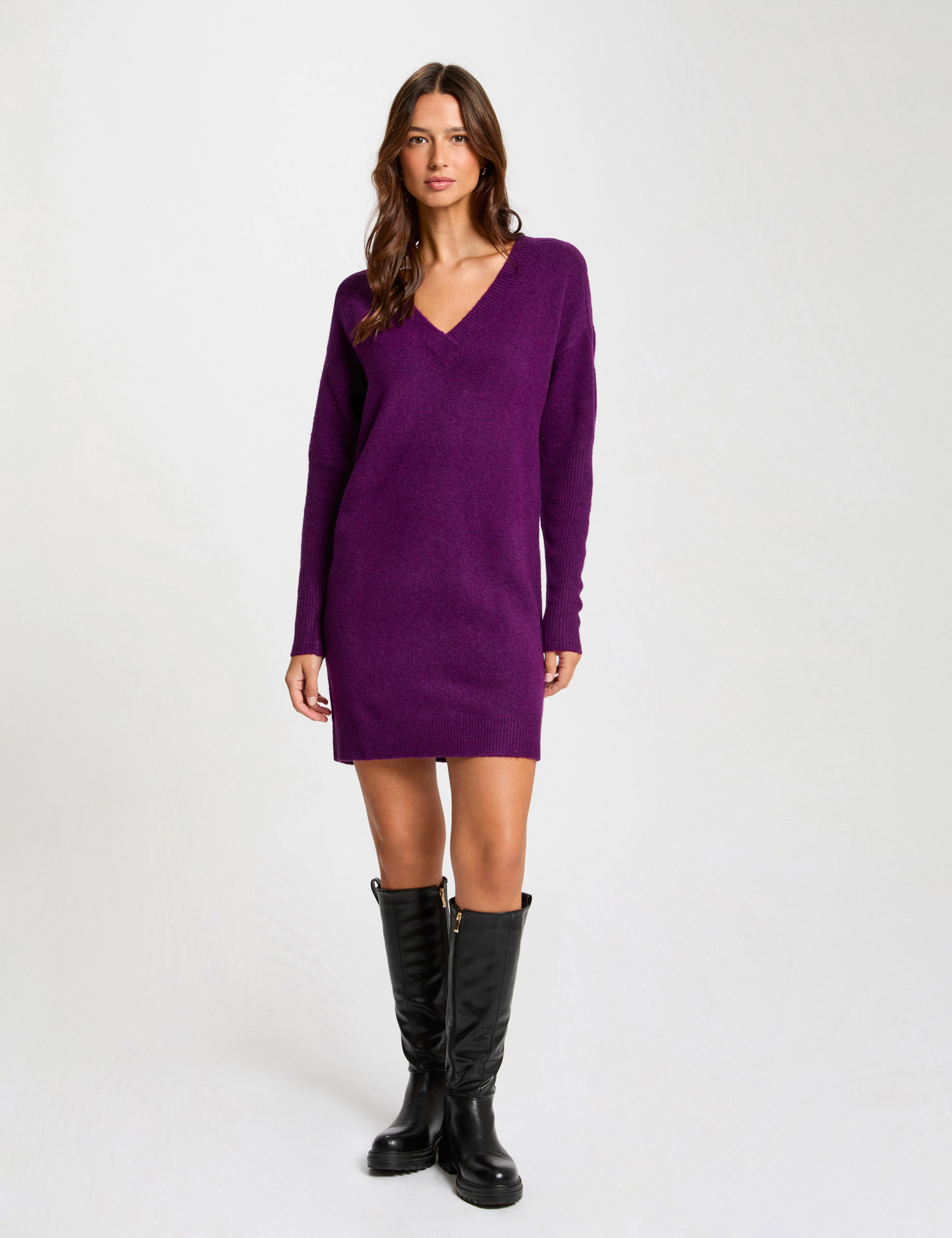 Straight knitted dress eyelets purple women