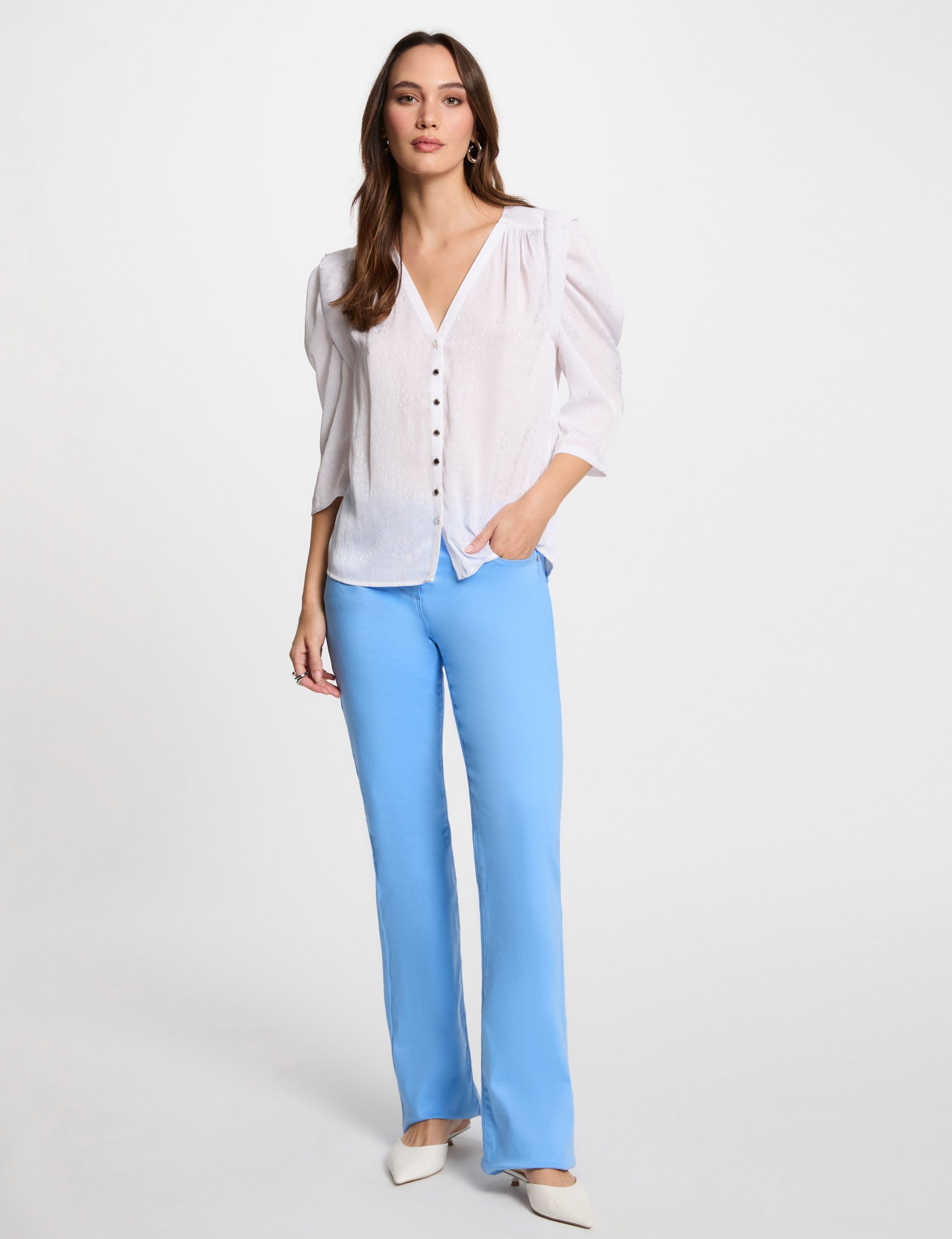 Pantalon bootcut boutonné bleu femme