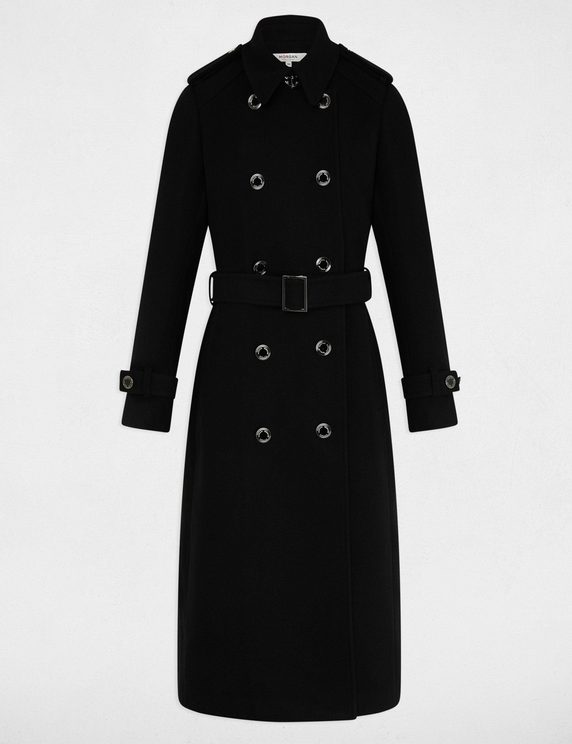 Belted long coat black women