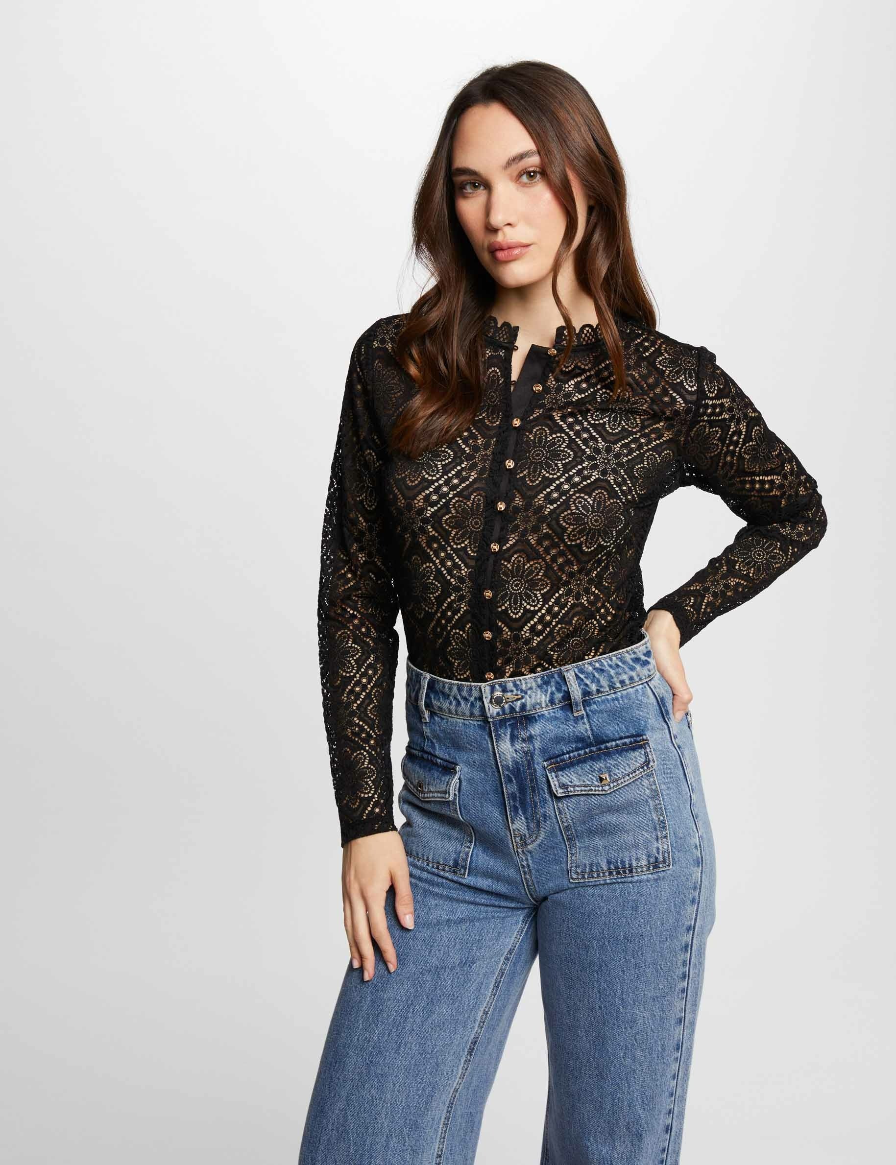 Long-sleeved t-shirt with lace black women