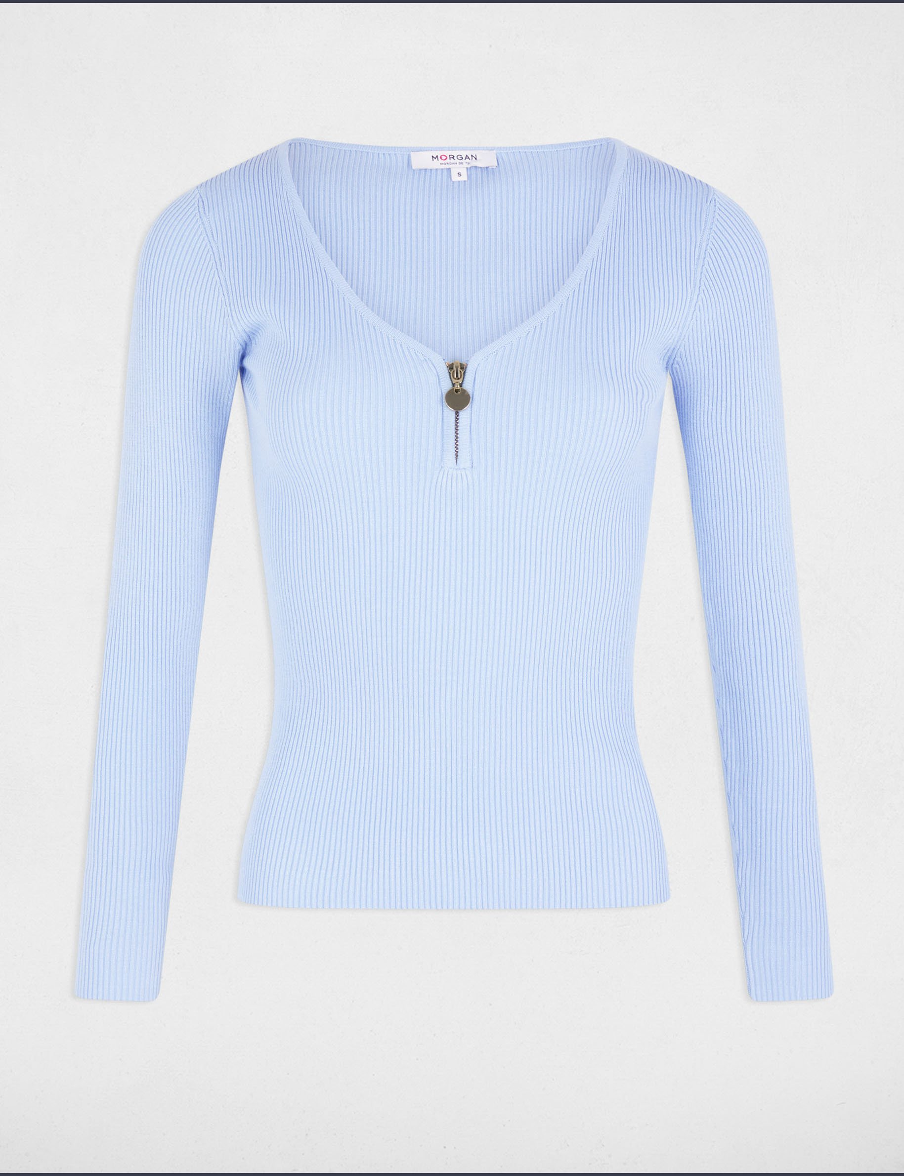 Long-sleeved ribbed jumper zipped detail sky blue women