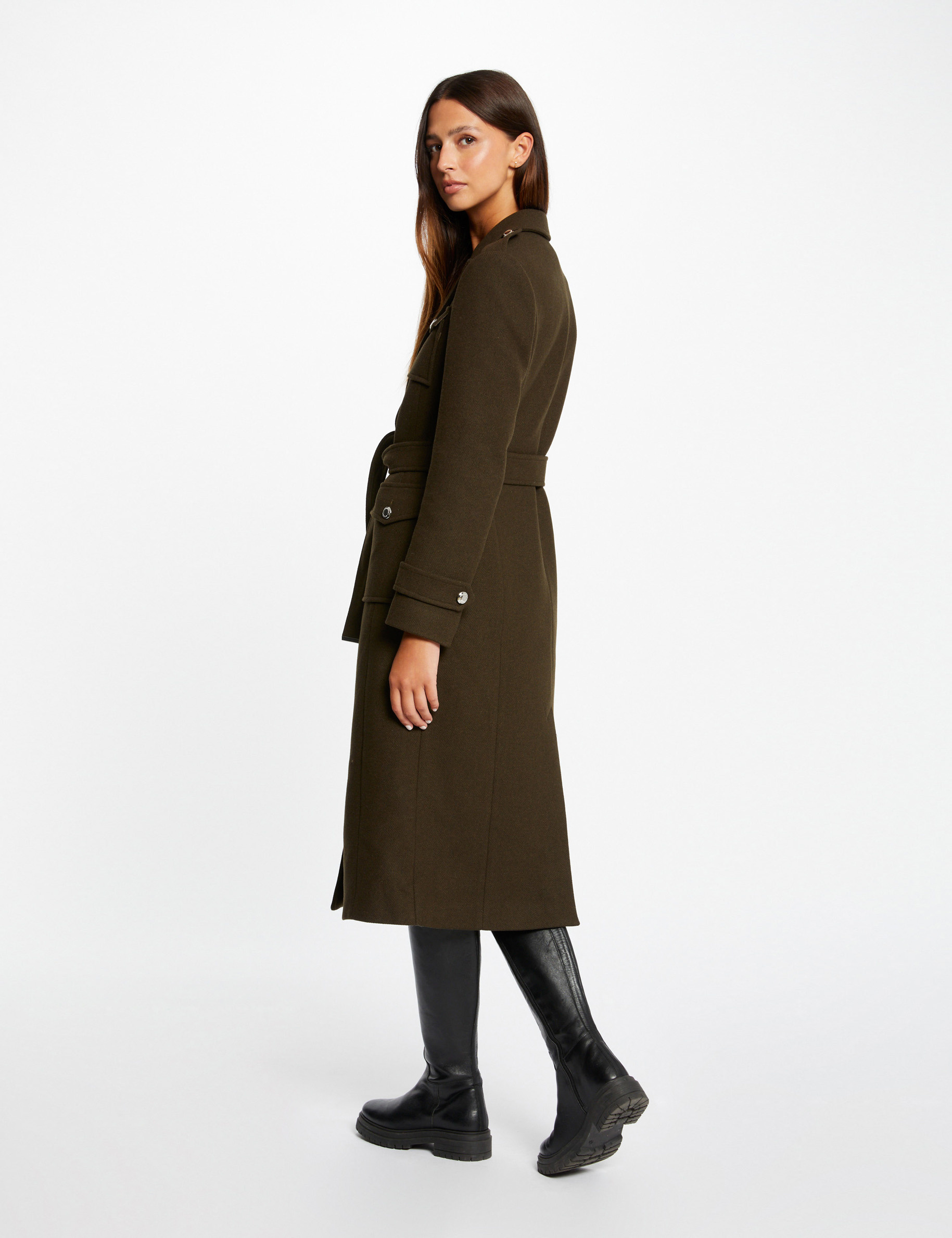 Manteau long cintré avec ceinture vert fonce femme