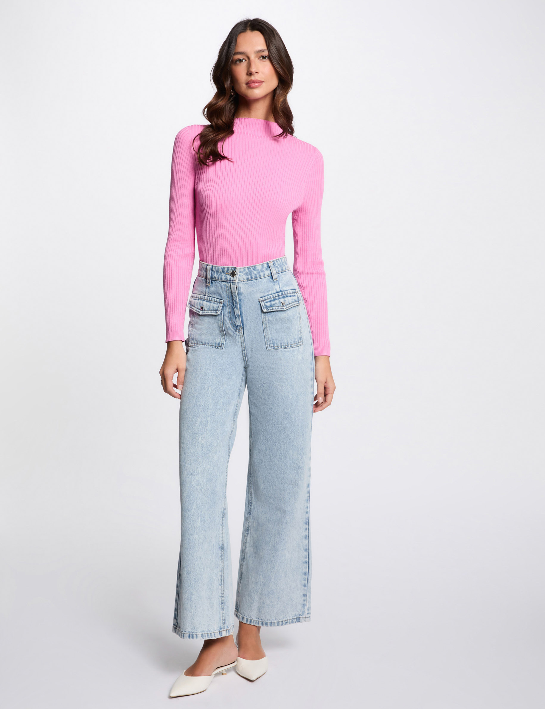 Ribbed jumper high collar pink women