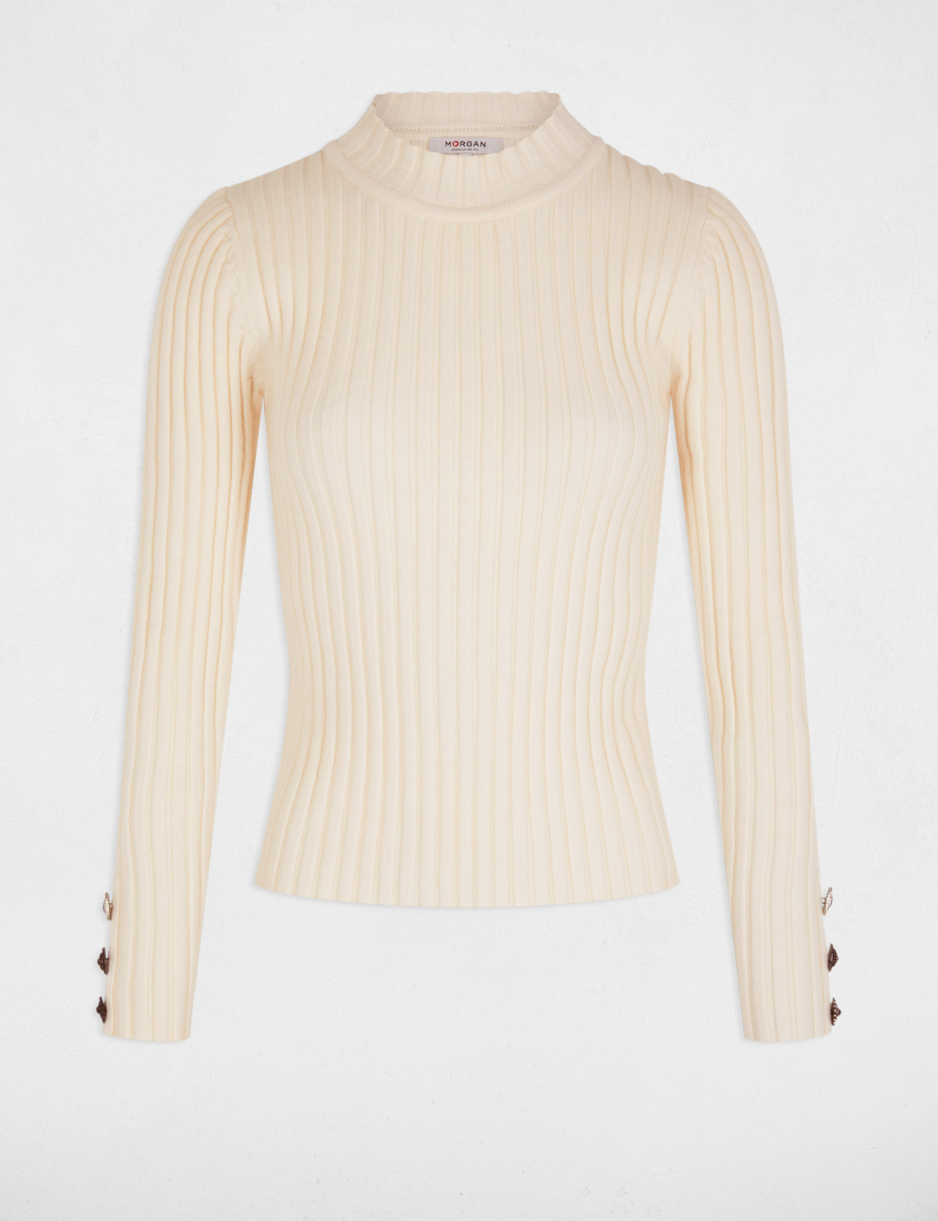 Ribbed jumper high collar ivory women