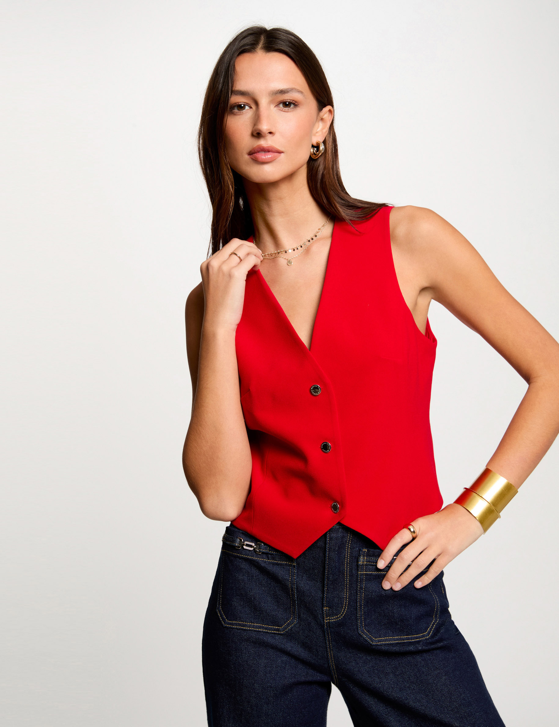 Sleeveless cardigan V-neck red women