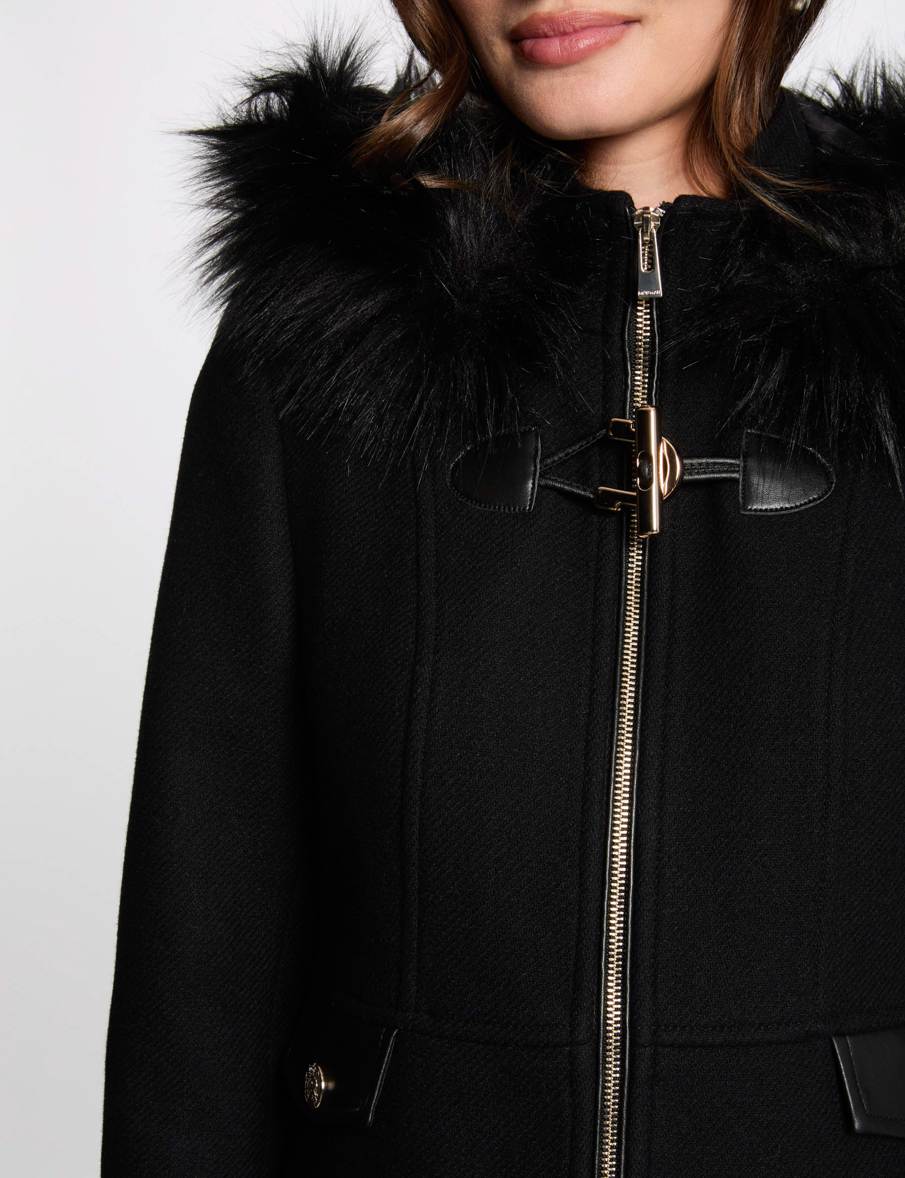 Coat faux leather details black women