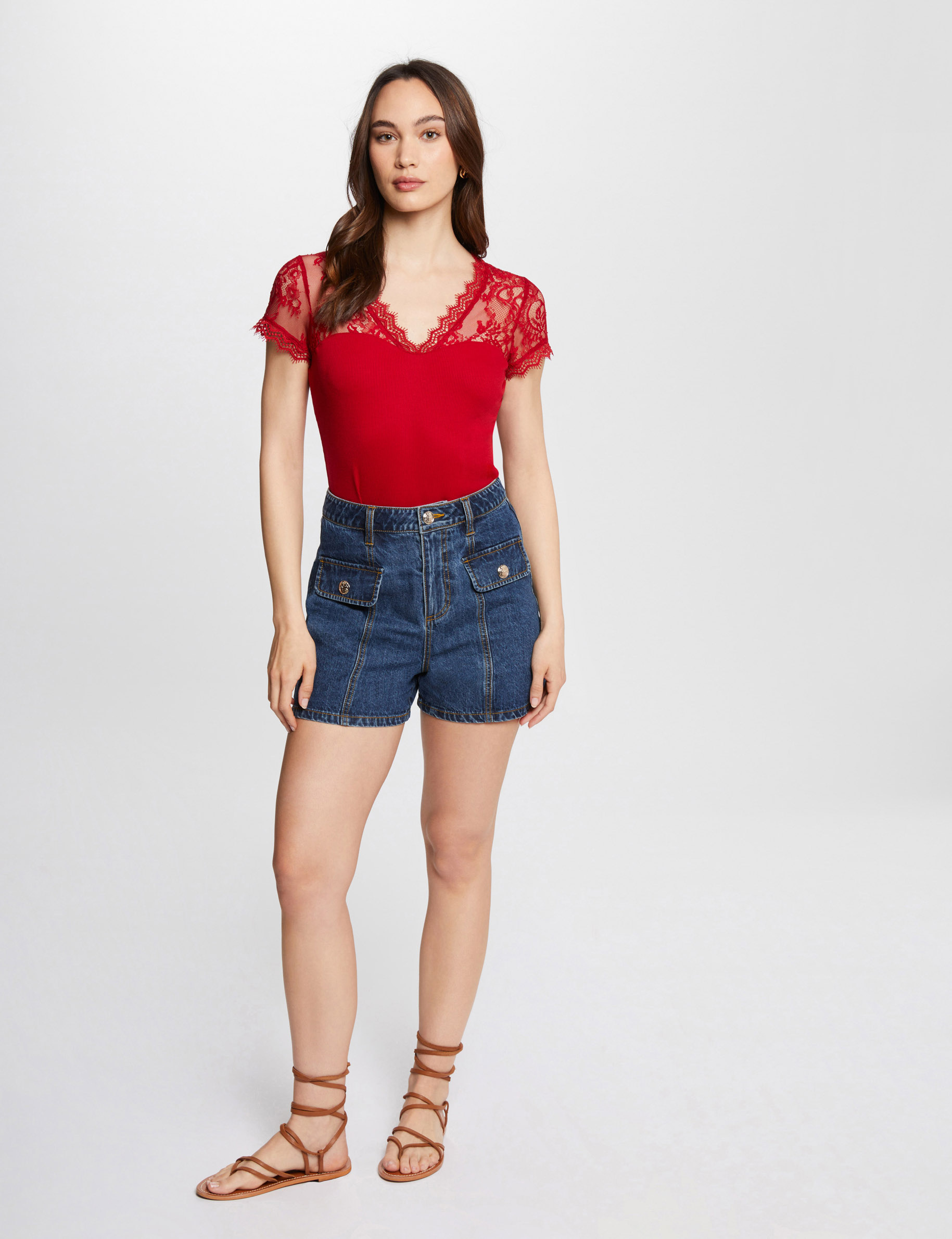 Short sleeved t shirt with lace medium red women Morgan