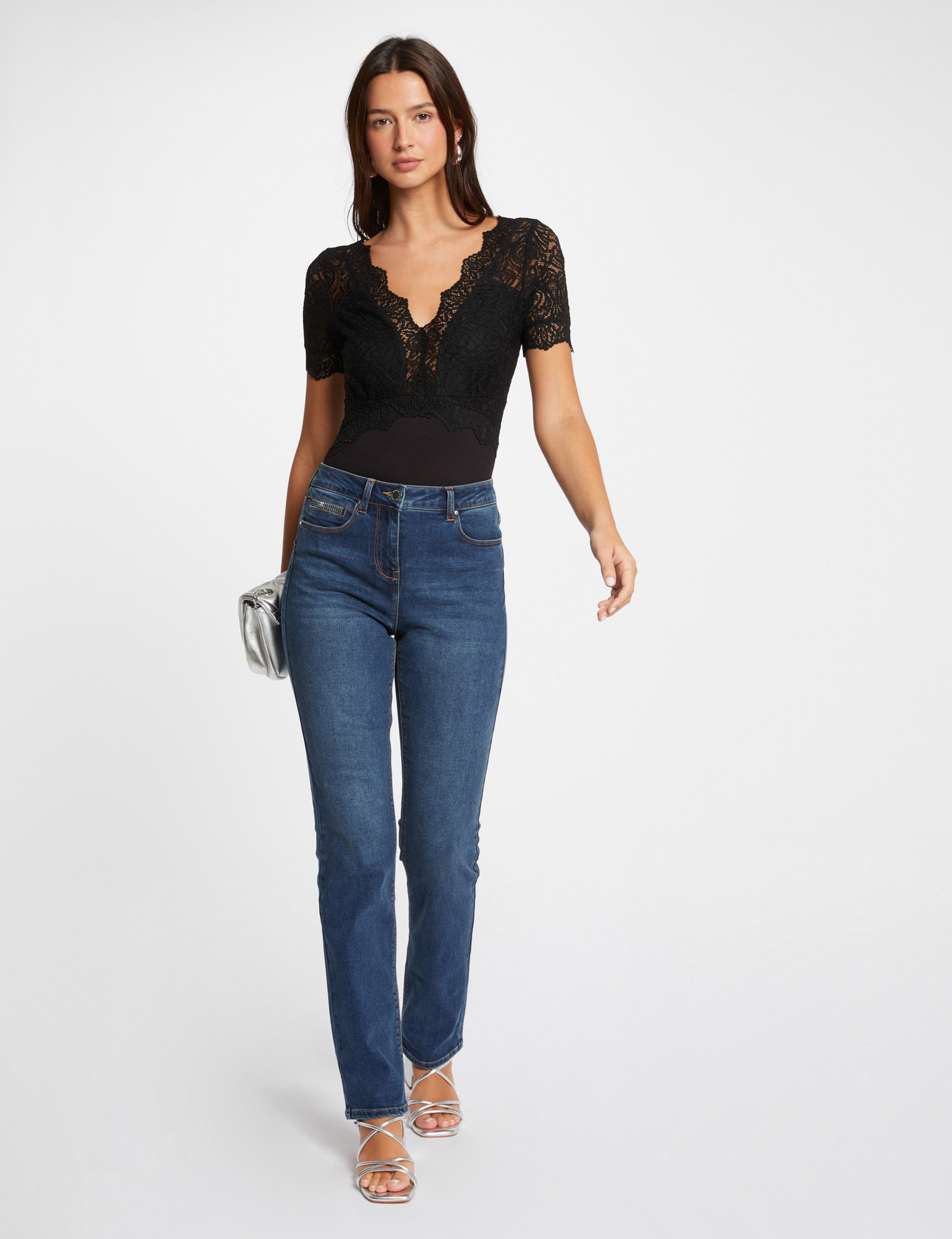 High-waisted straight jeans stone denim women