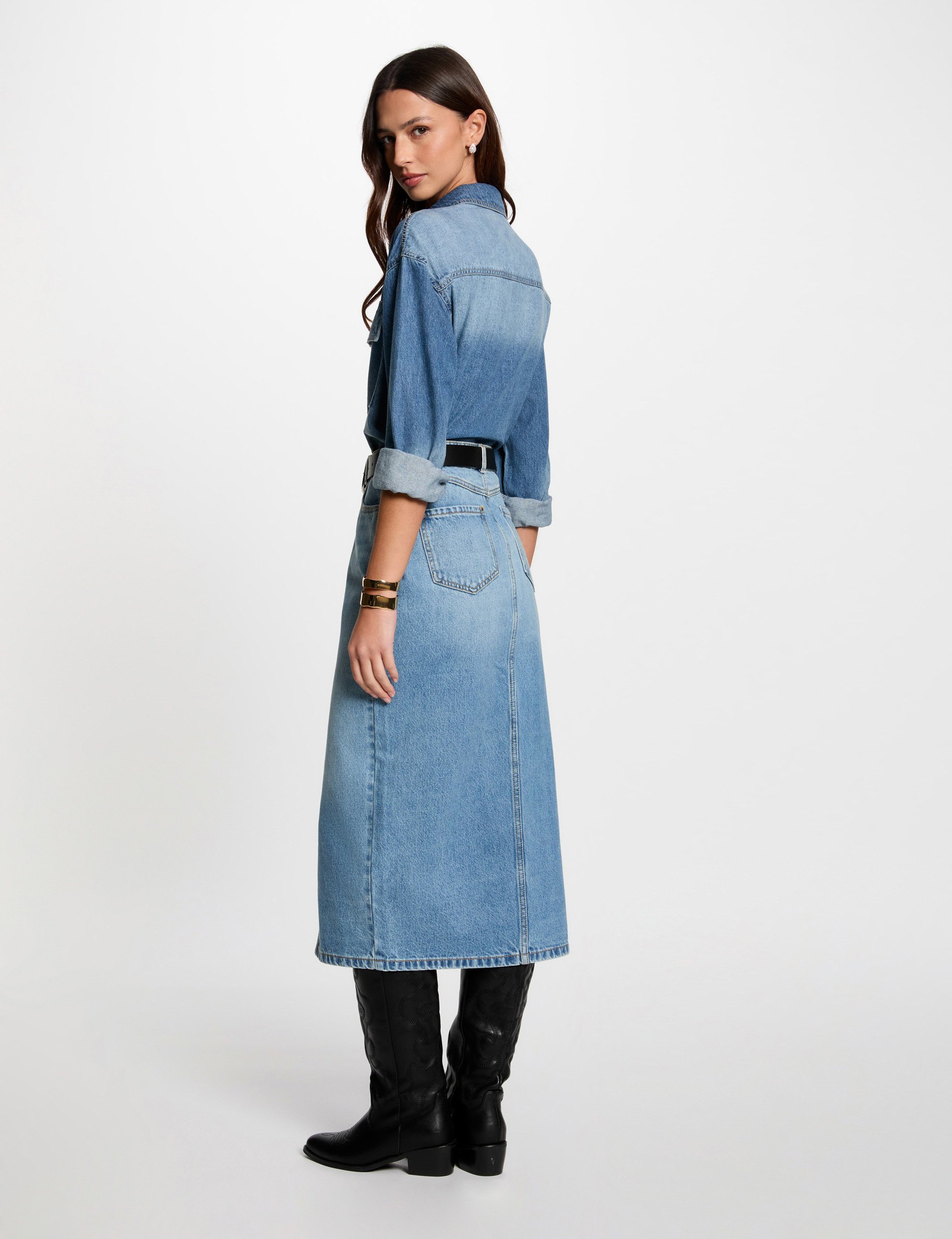 Midi straight denim skirt stone wash denim women