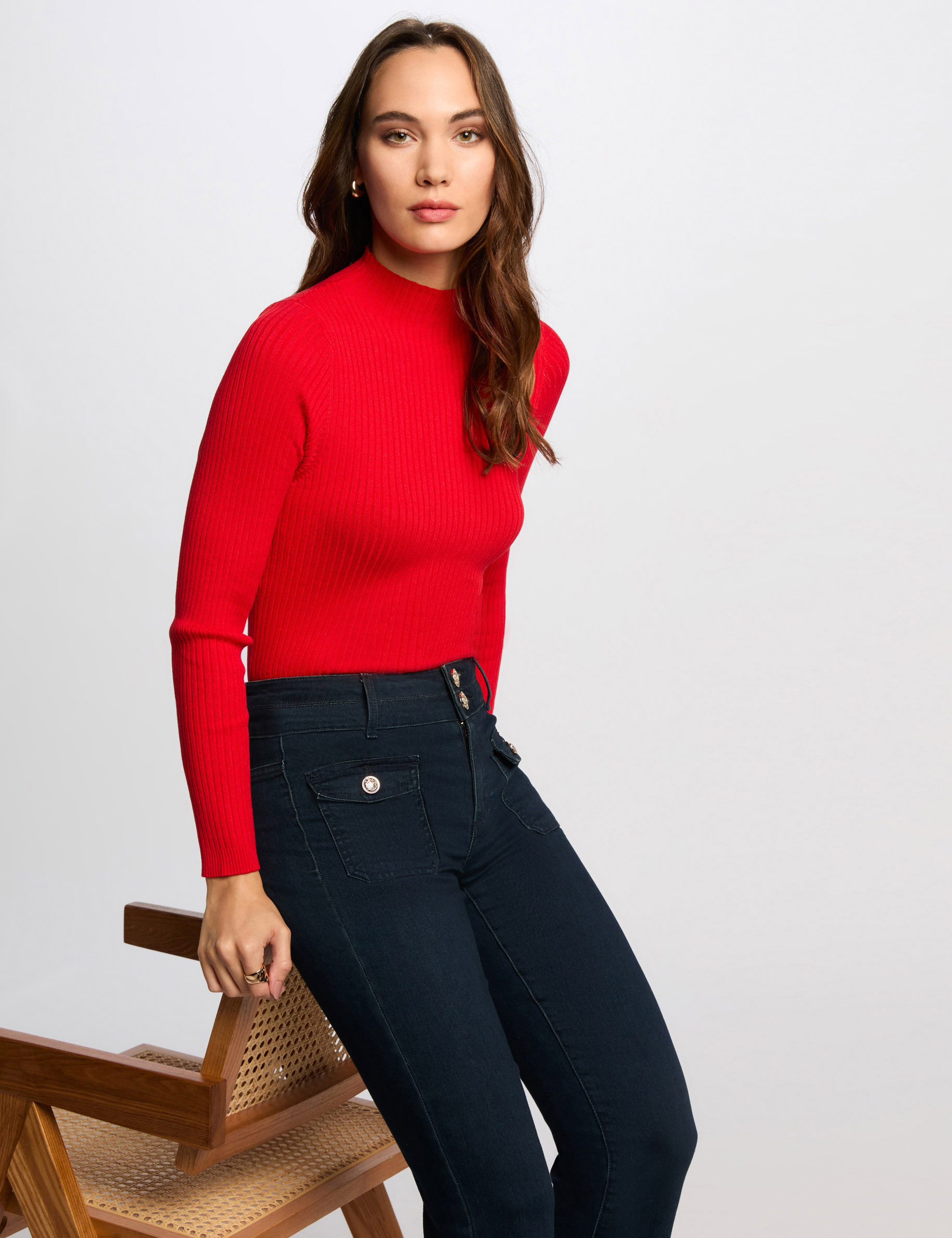 Ribbed jumper high collar red women