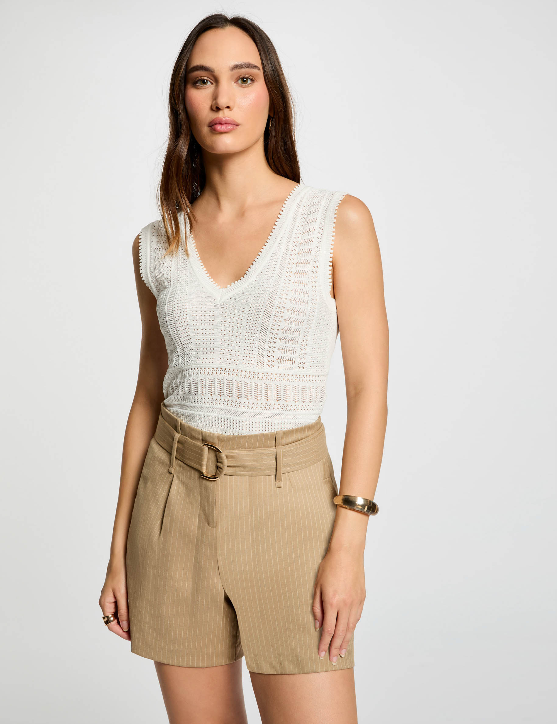 Fitted short with stripes light beige women