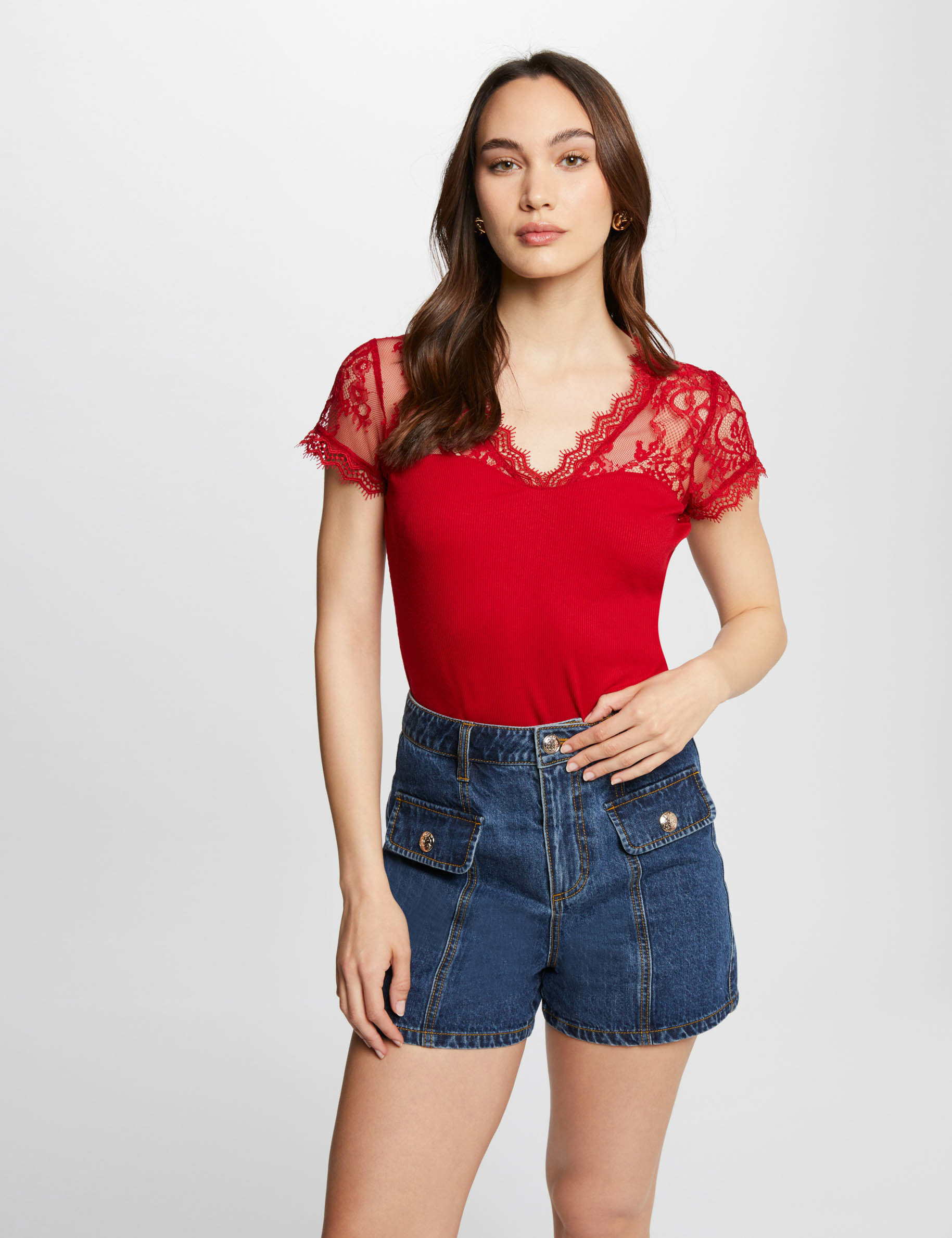 Short-sleeved t-shirt with lace medium red women