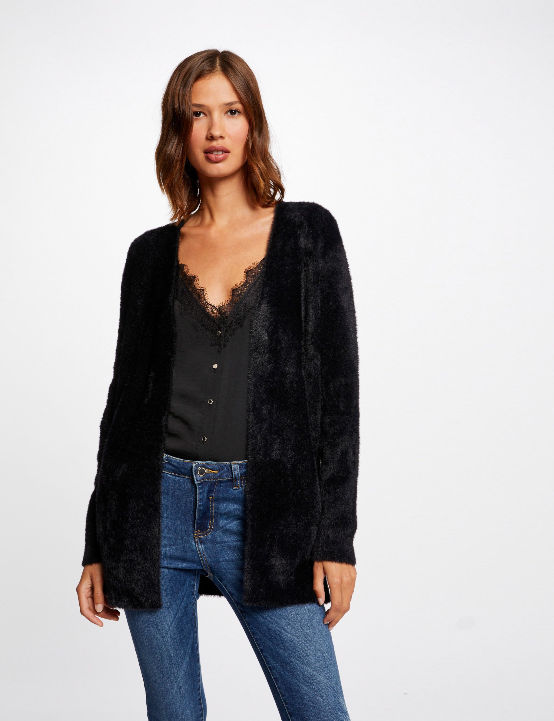 Long cardigan with fluffy knit black women Morgan