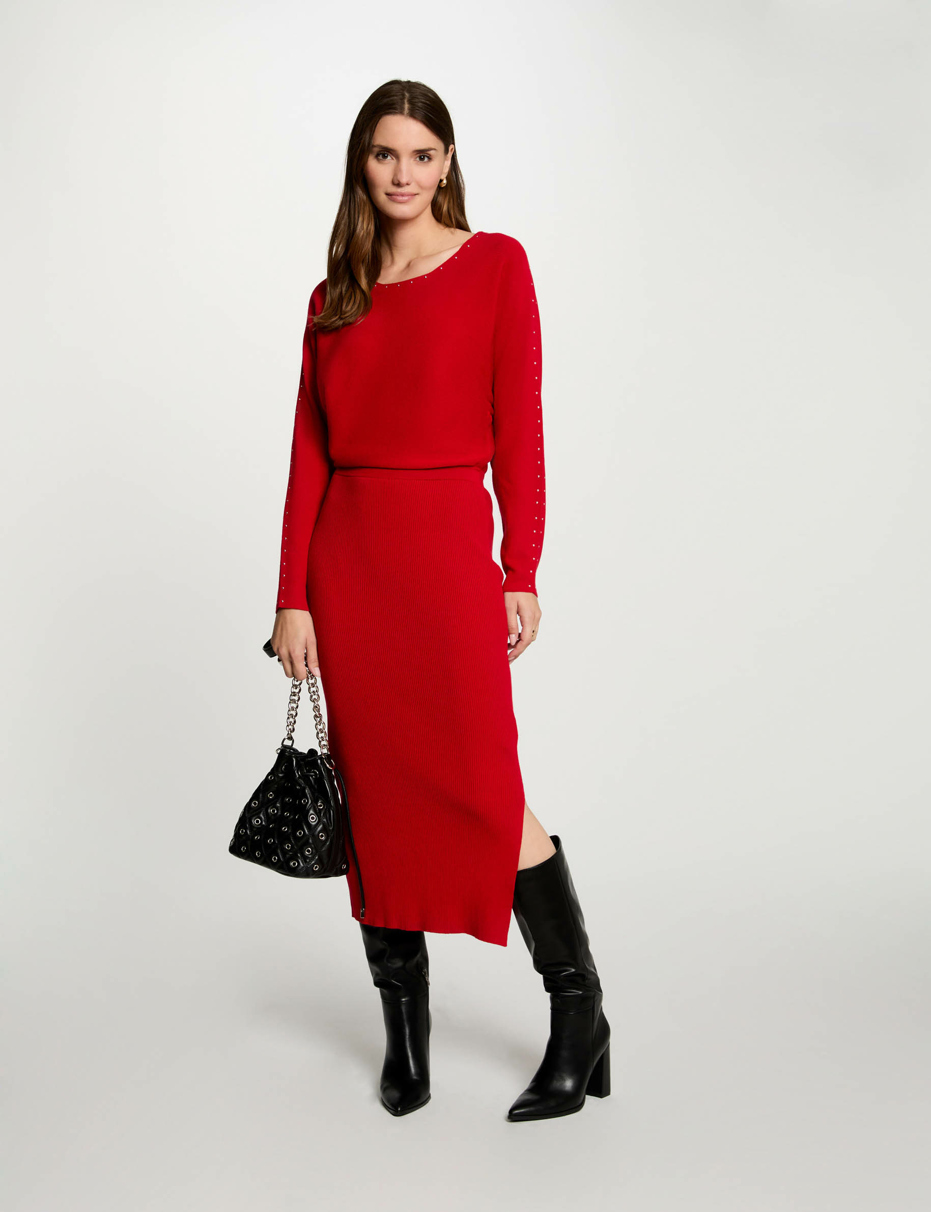 Fitted maxi knitted dress red women