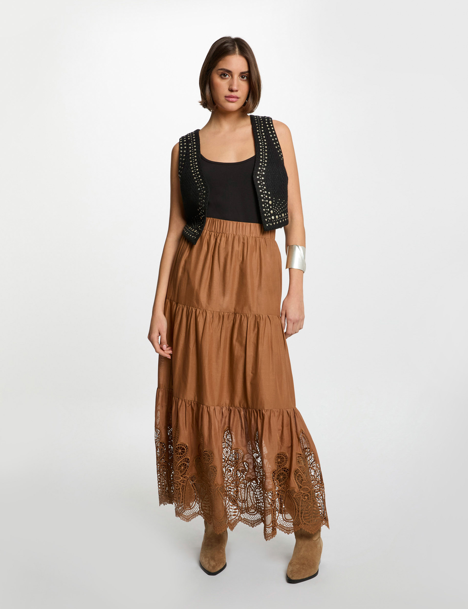 Maxi skirt lace detail cognac brown women