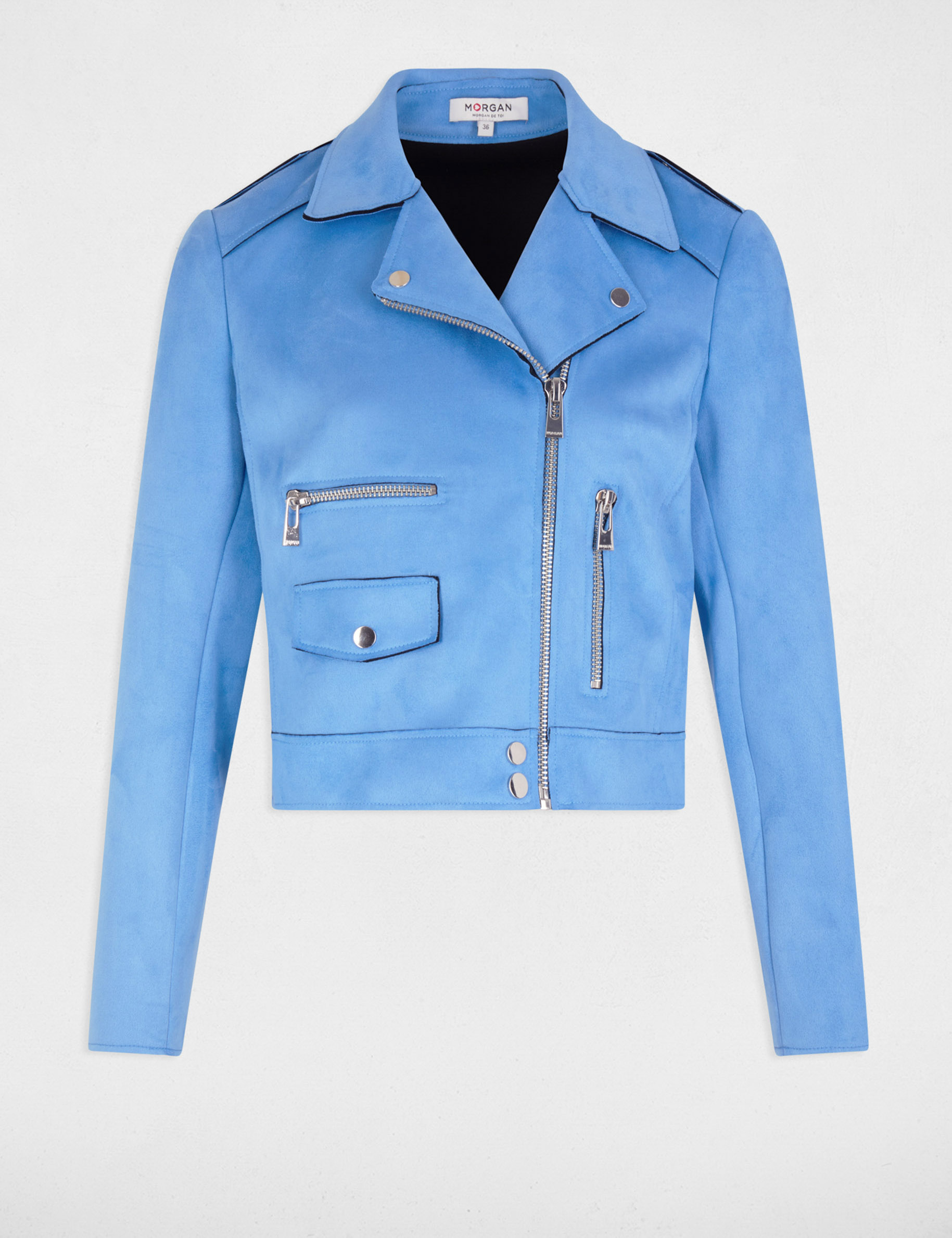 Zipped short suede jacket blue women