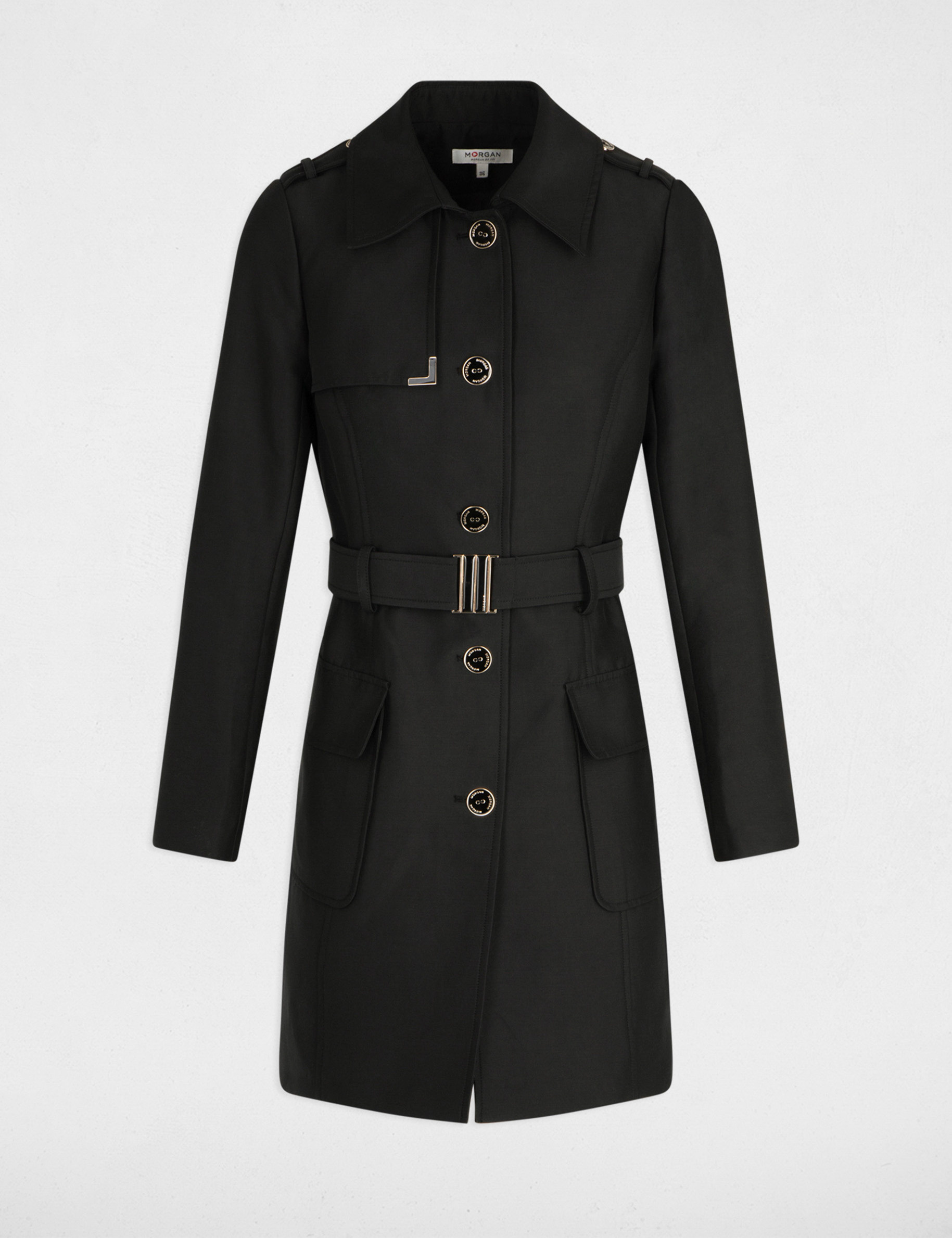 Belted long trenchcoat black women