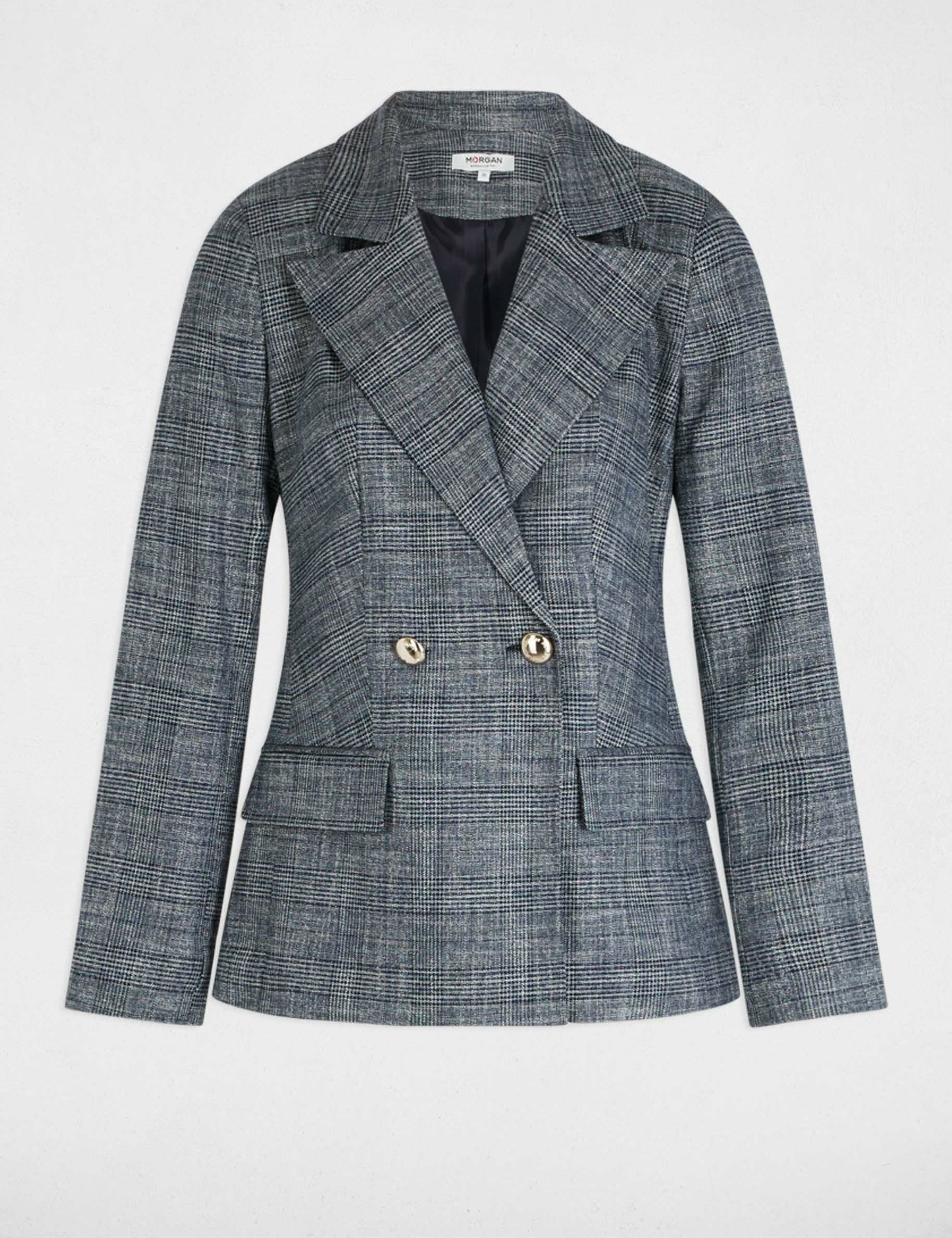 Checked short jacket navy blue women