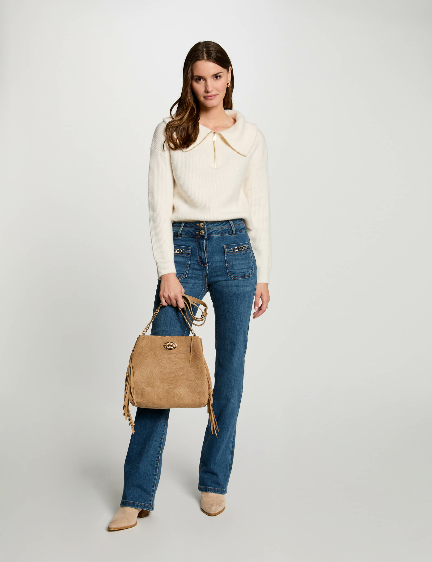 Jumper with zipped-rollneck ivory women