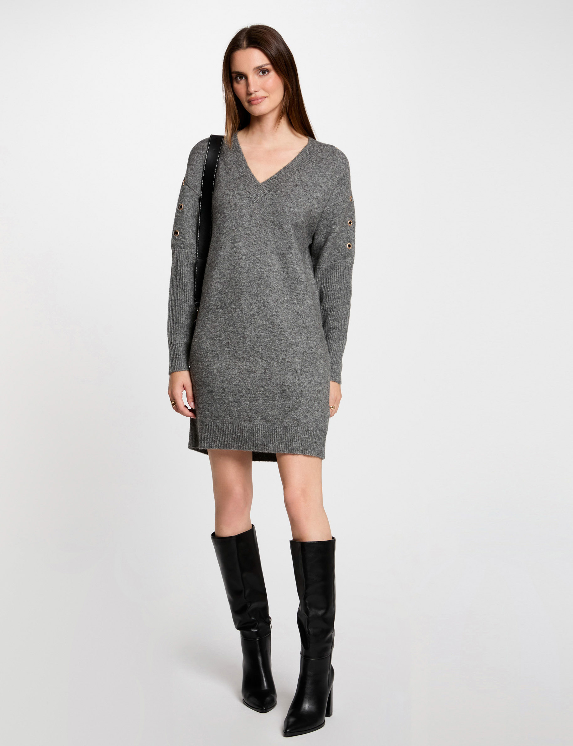 Straight knitted dress eyelets anthracite grey women