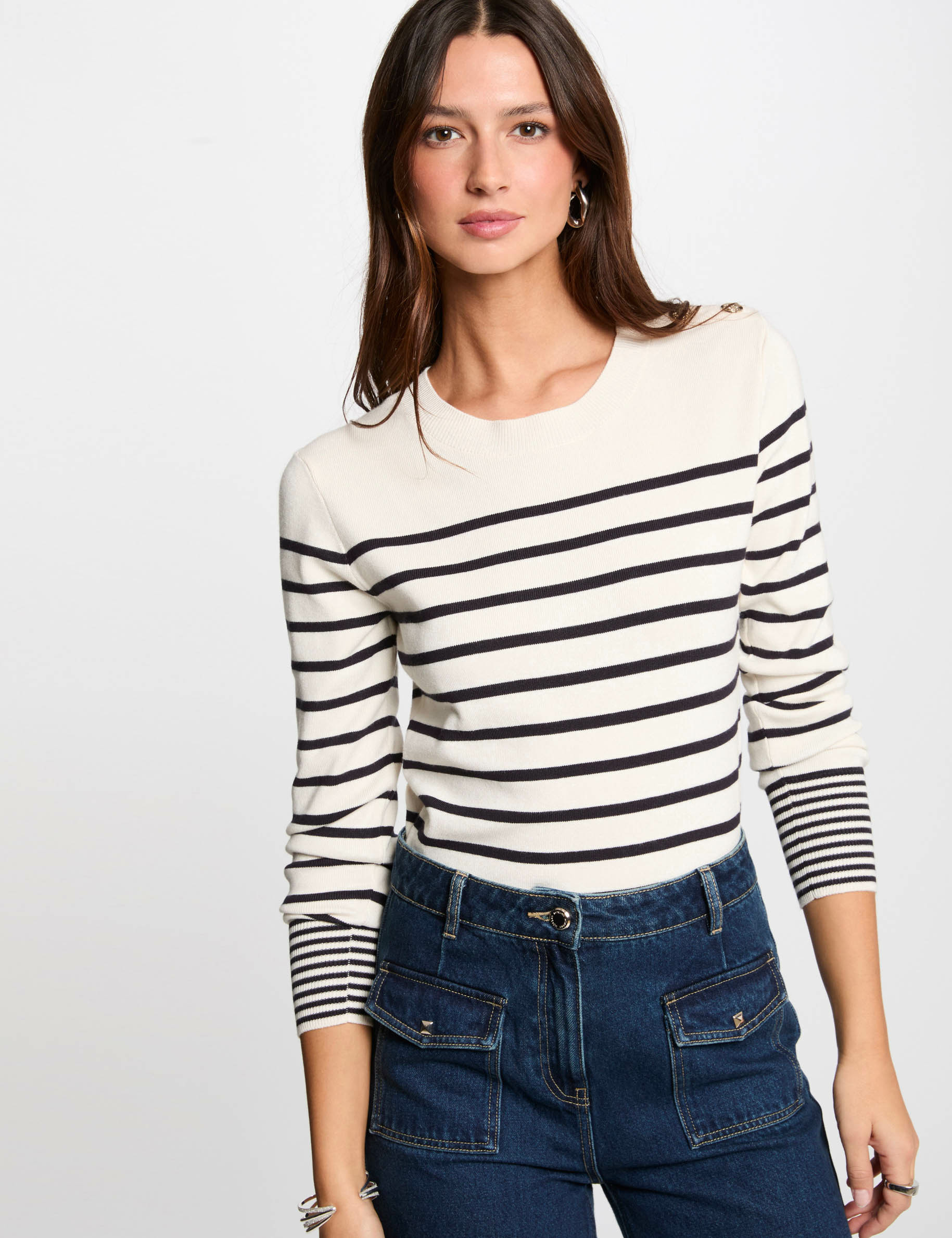 Long-sleeved jumper with stripes ecru women