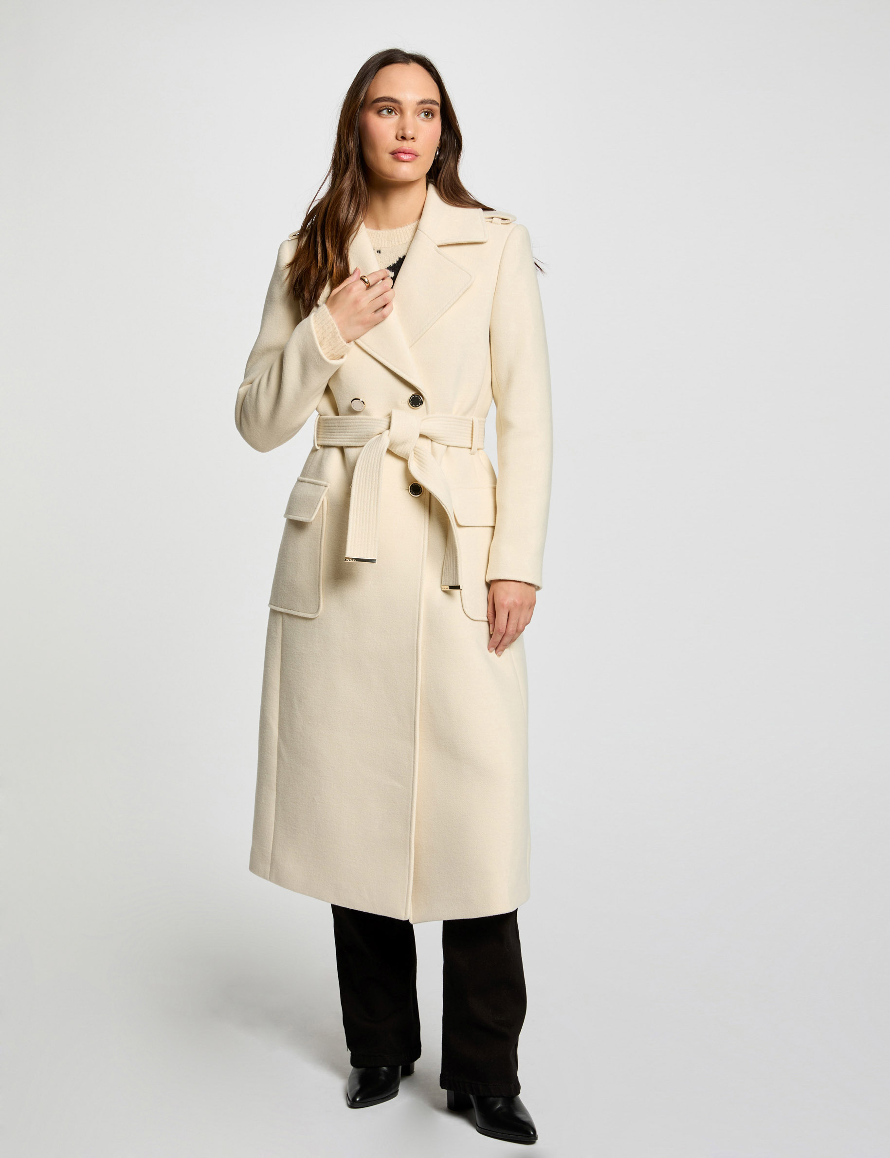 Belted long coat ivory women Morgan