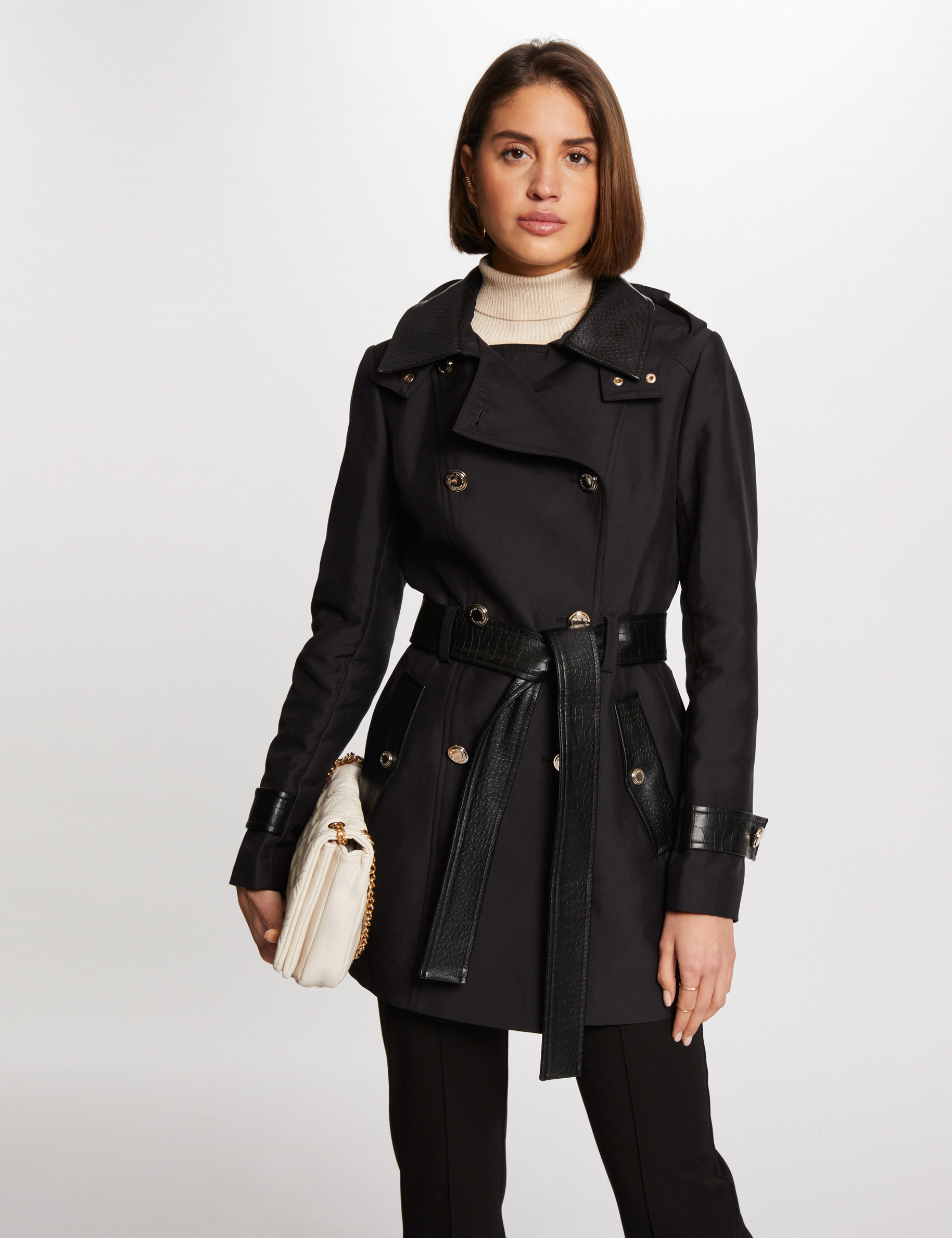 Trenchcoat faux leather detail black women