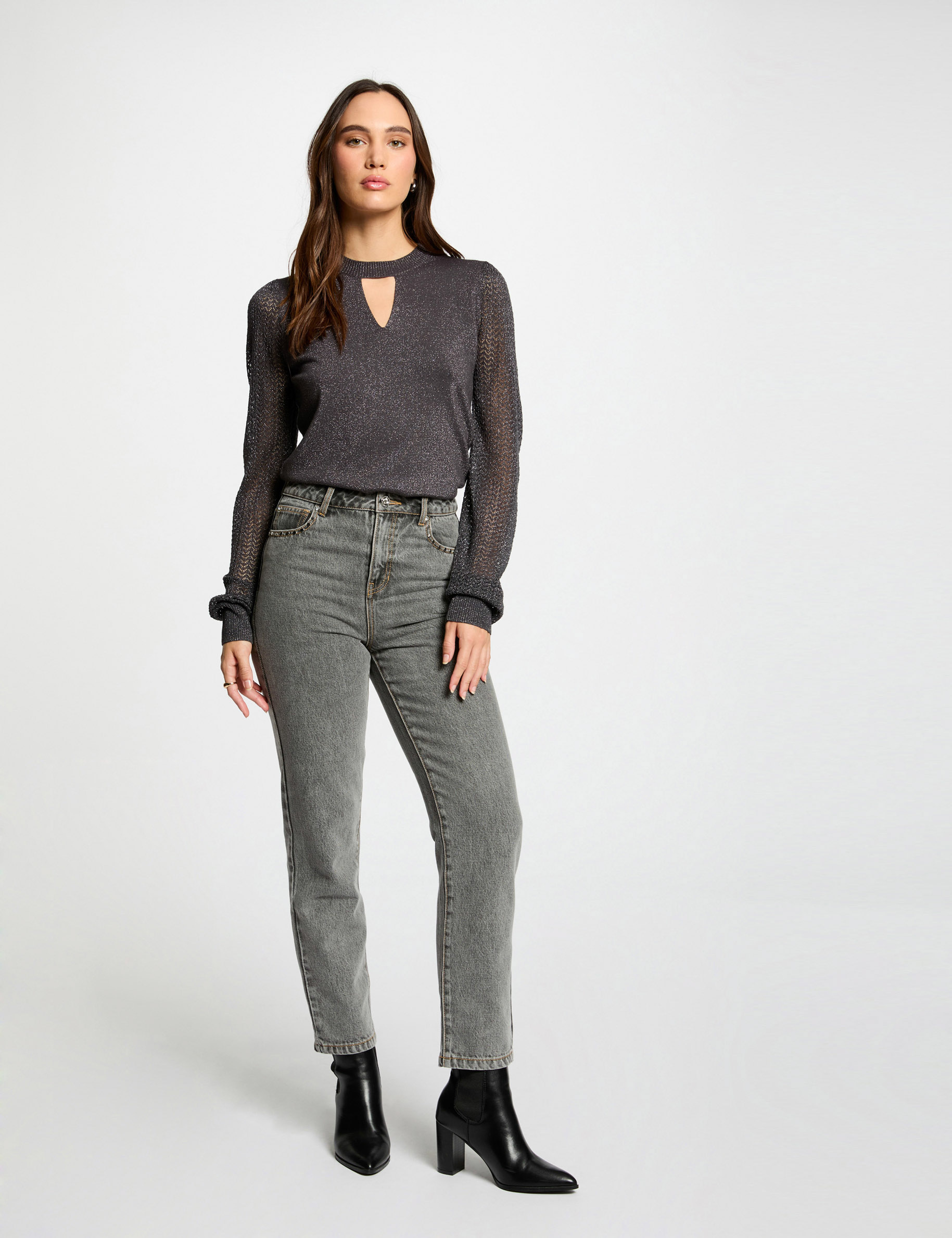 Jumper round neck and opening anthracite grey women