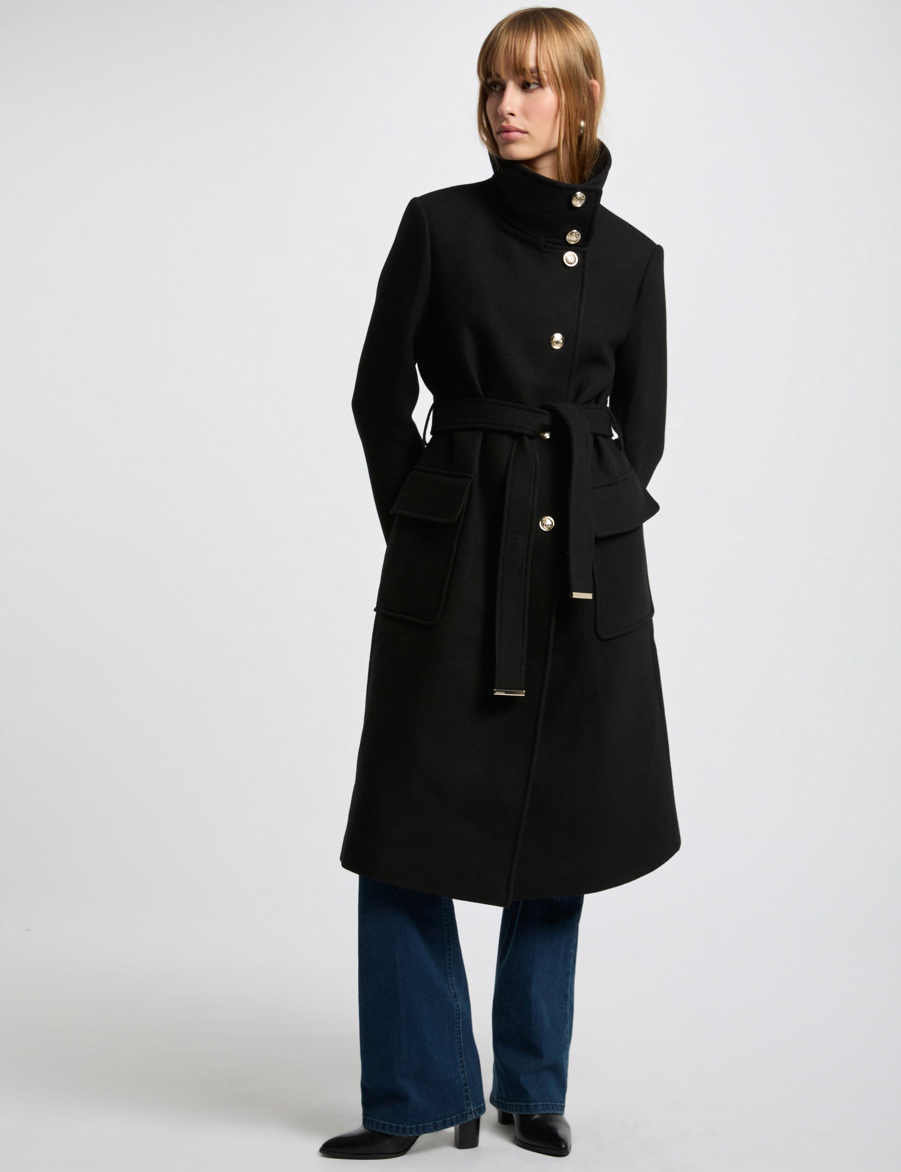 Belted long coat black women