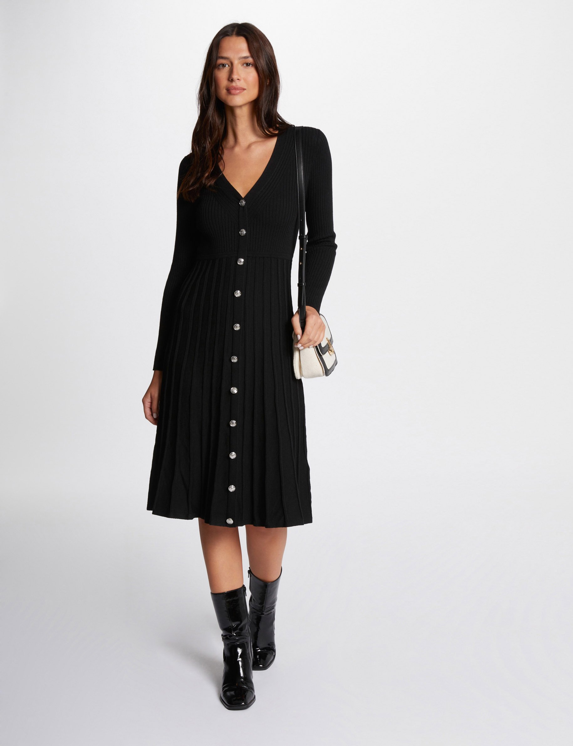 Pleated midi knitted dress black women