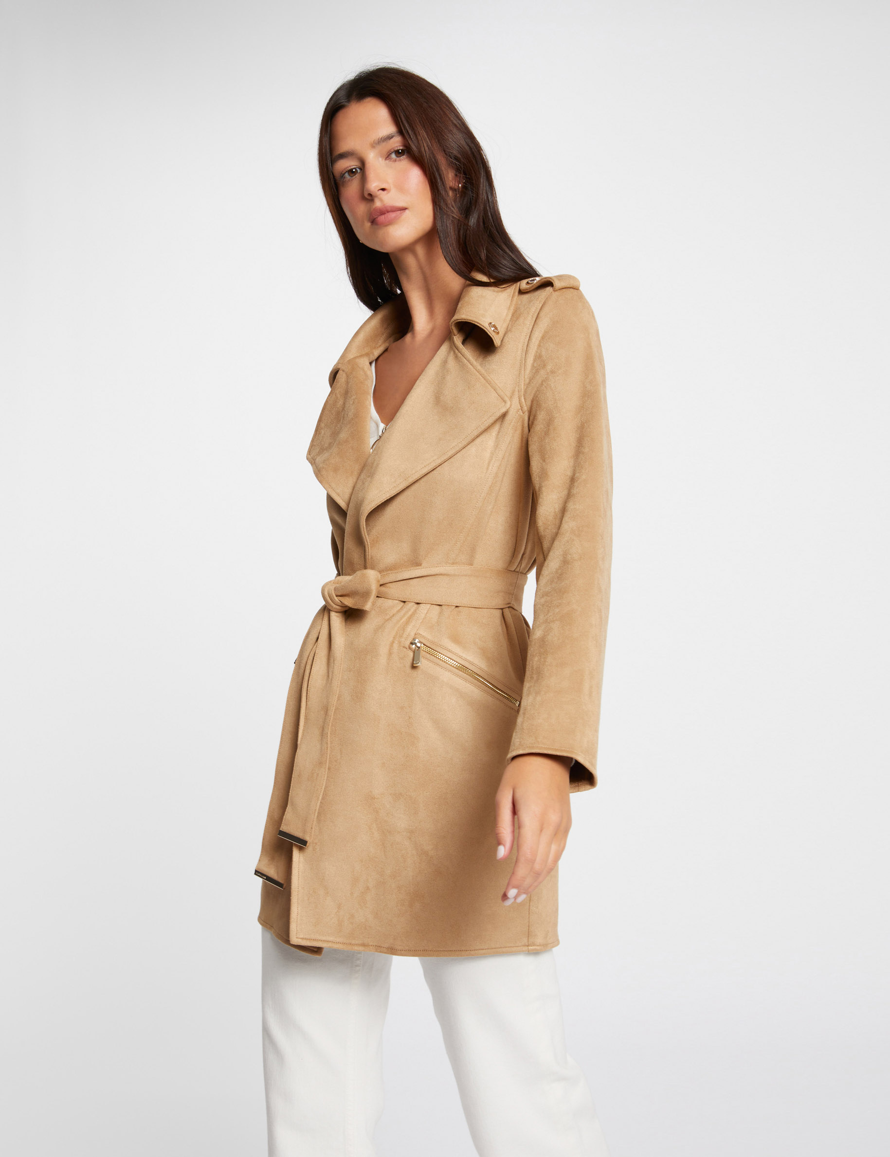 Belted long suede coat beige women