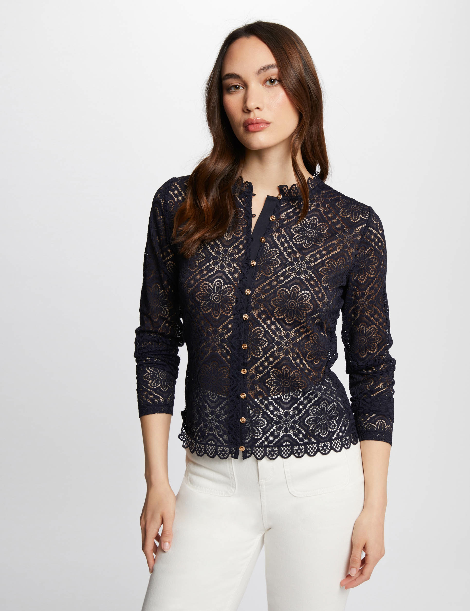 Long-sleeved t-shirt with lace navy women