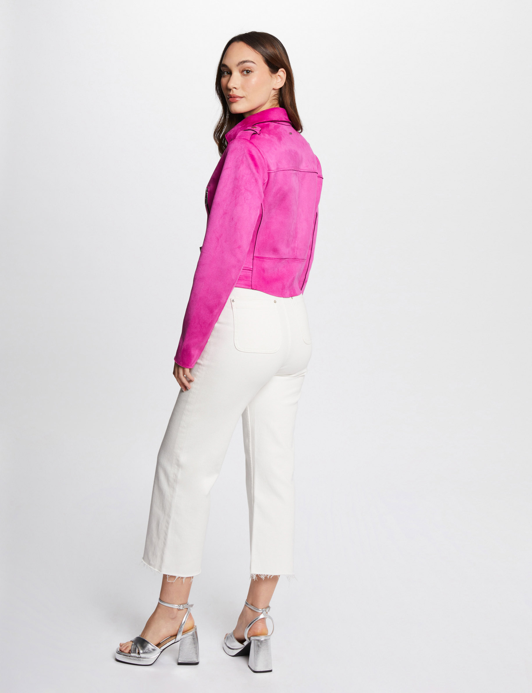 Blouson droit aspect suédine rose fonce femme