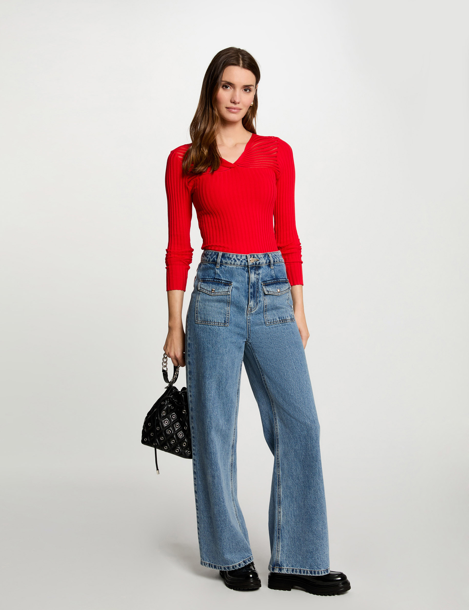 Ribbed jumper with V-neck red women