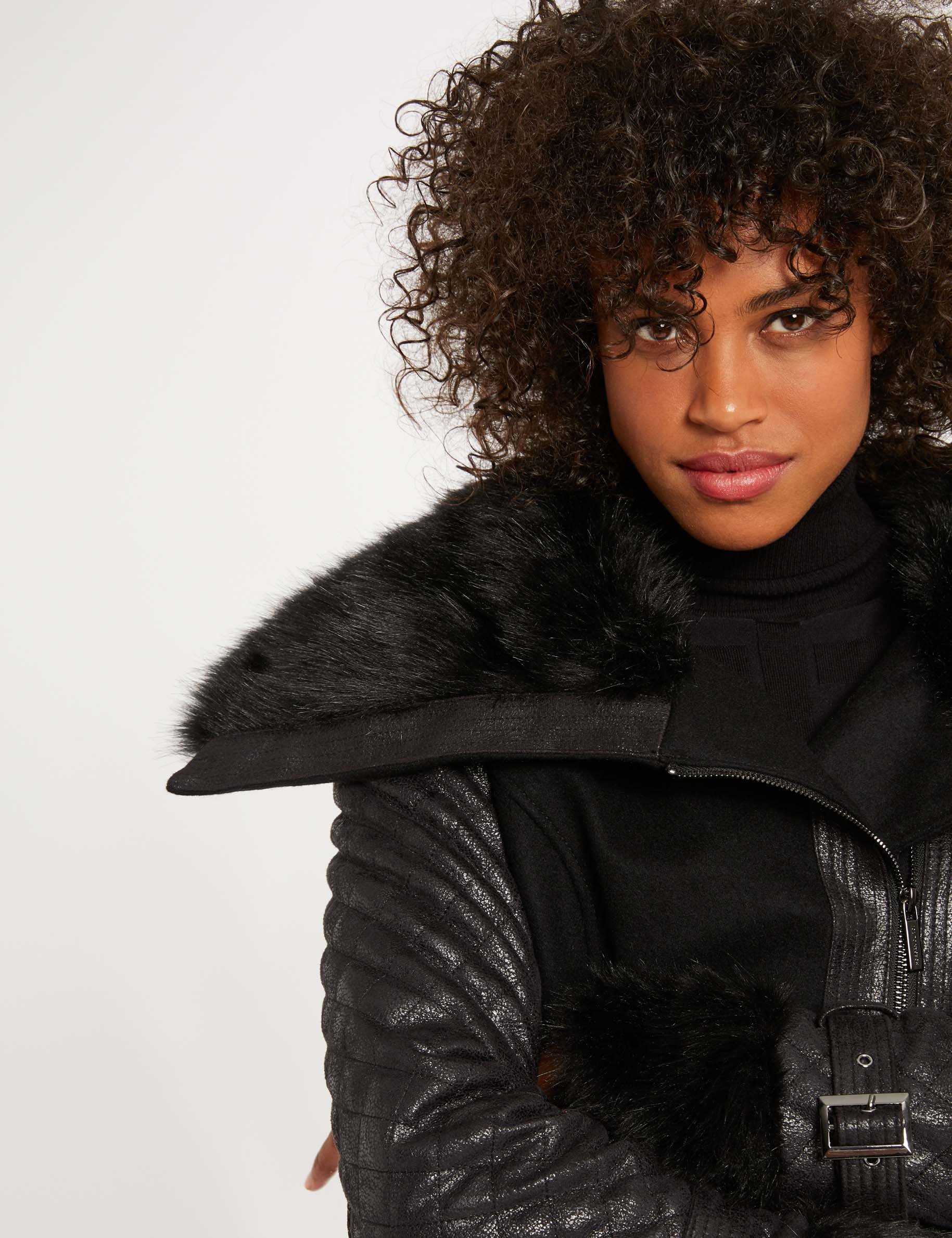 Straight coat with belt faux fur detail black women