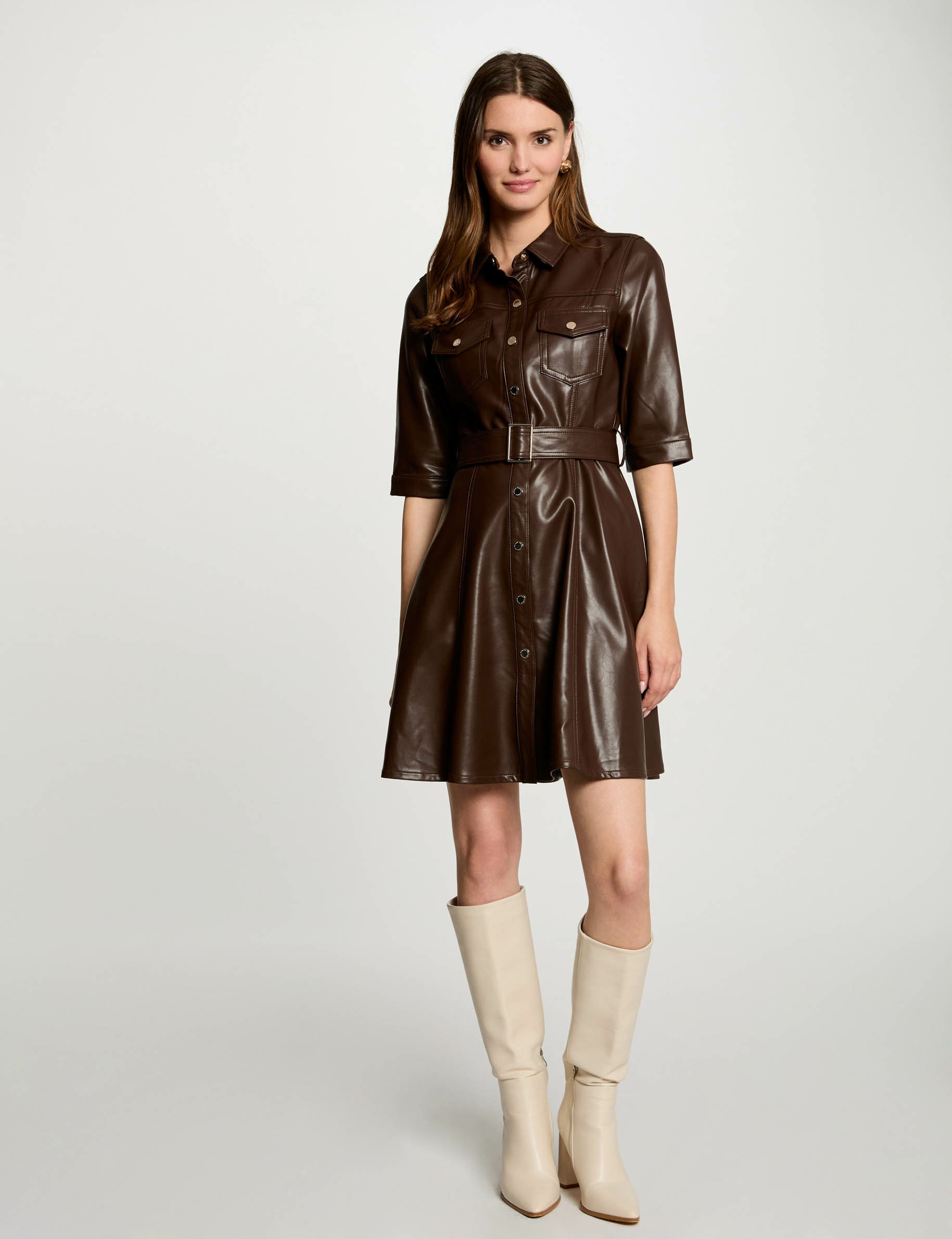 Faux leather A-line mini dress brown women