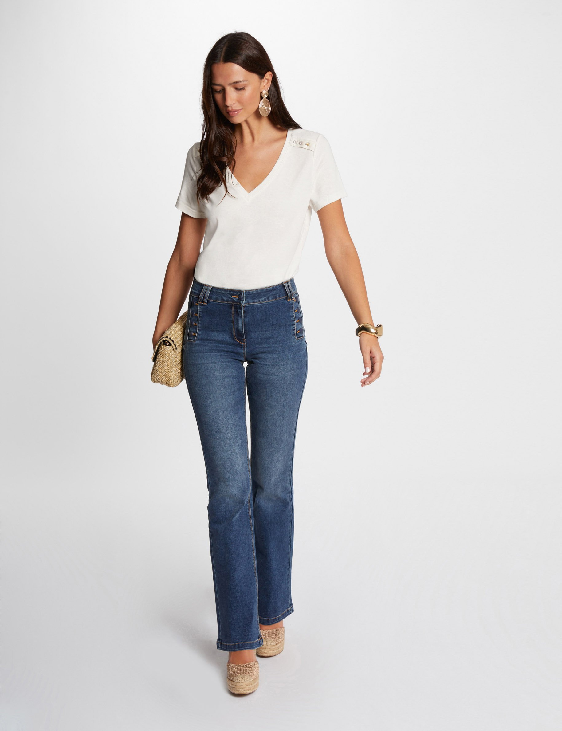 Flare jeans with buttons stone wash denim women