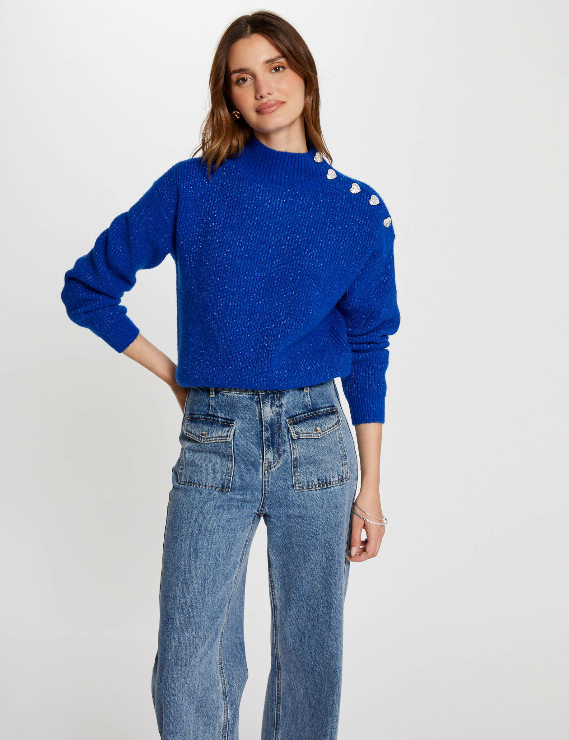 Long-sleeved jumper with buttons electric blue women