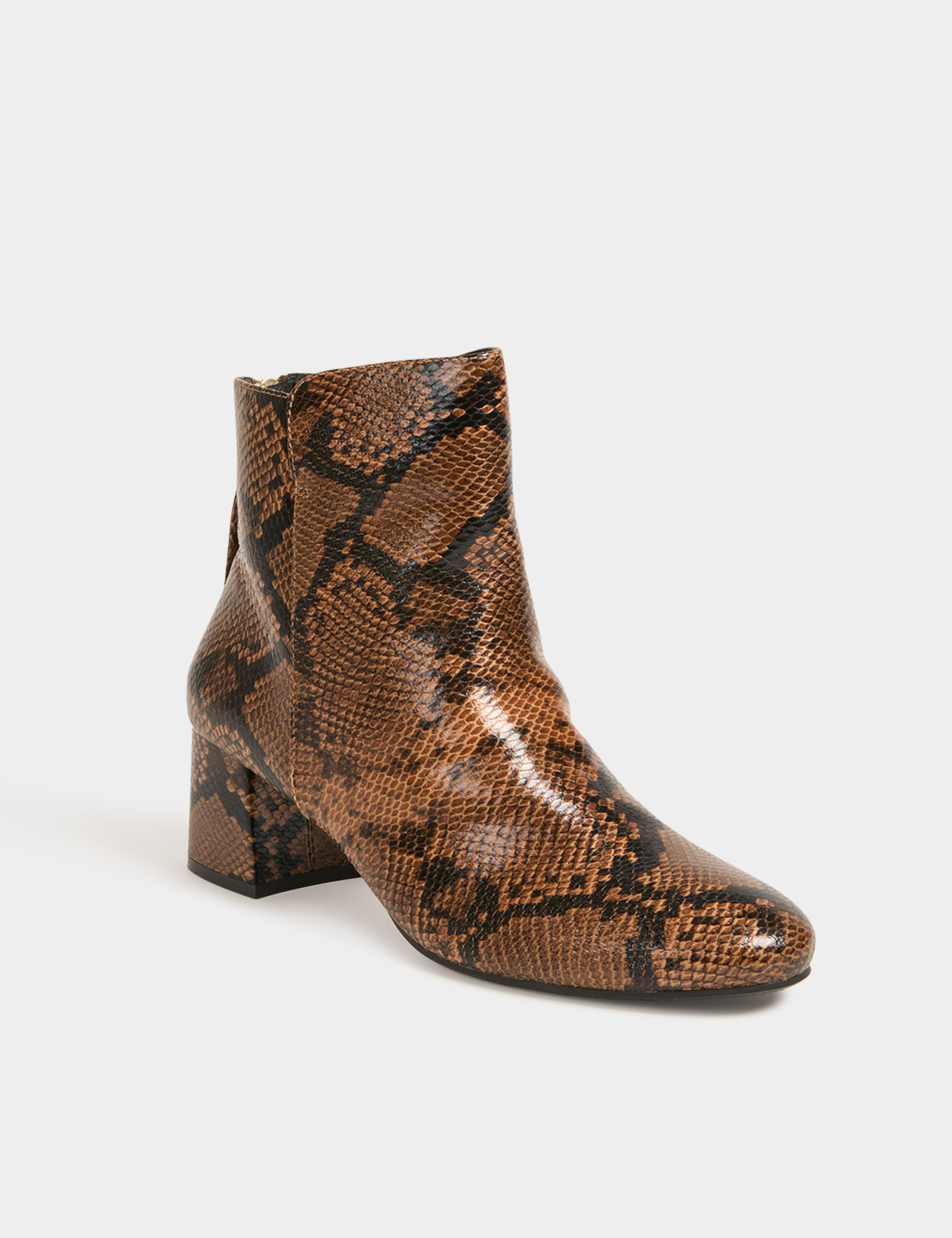 Snake print heeled boots beige women