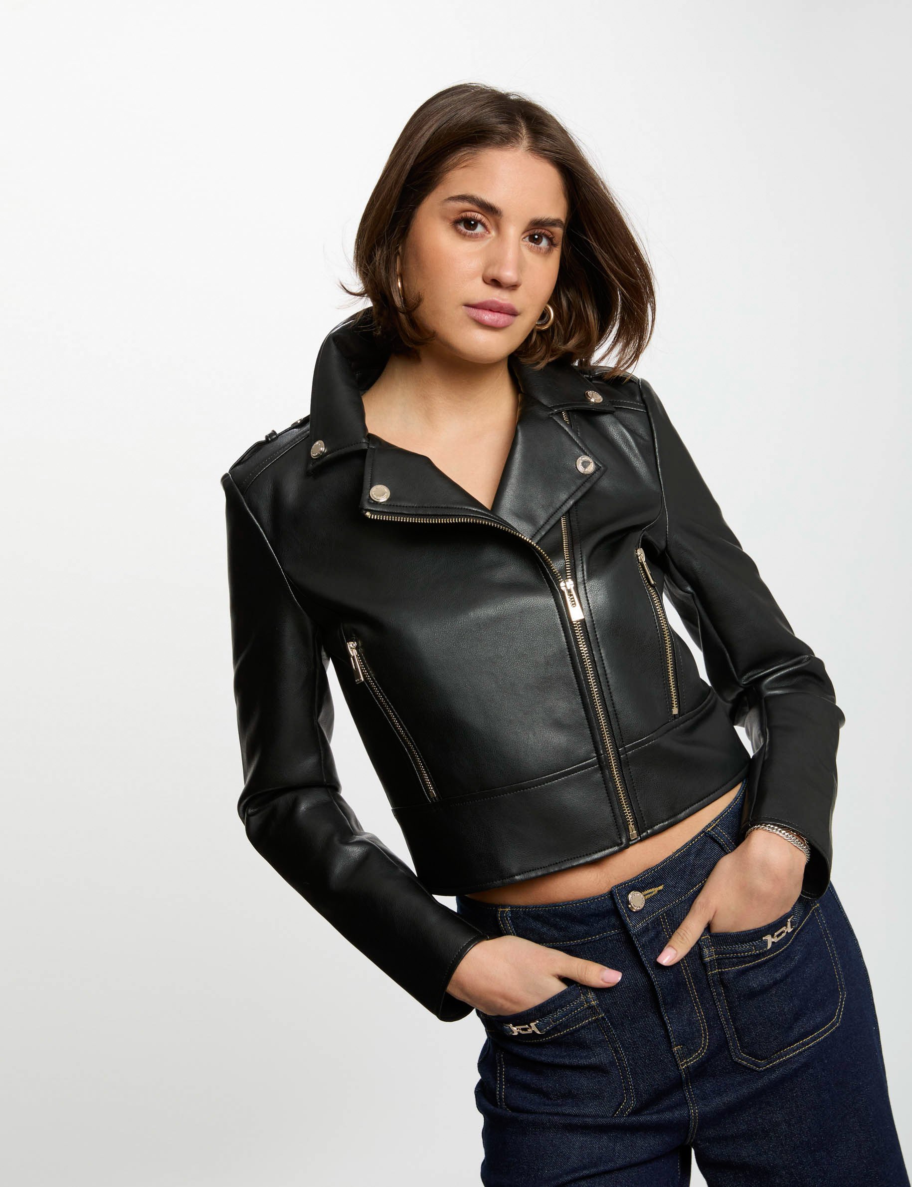 Short faux leather jacket black women