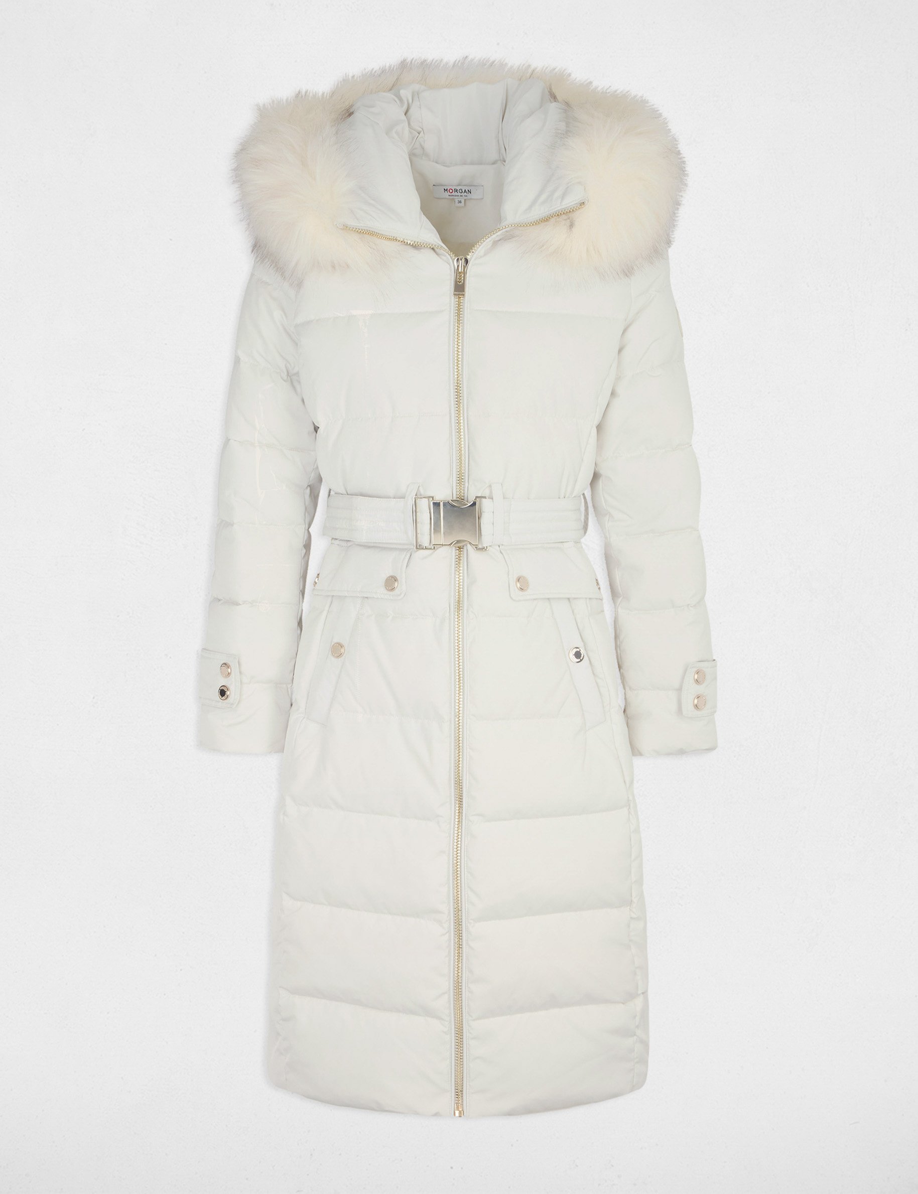 Long padded jacket with hood ivory women