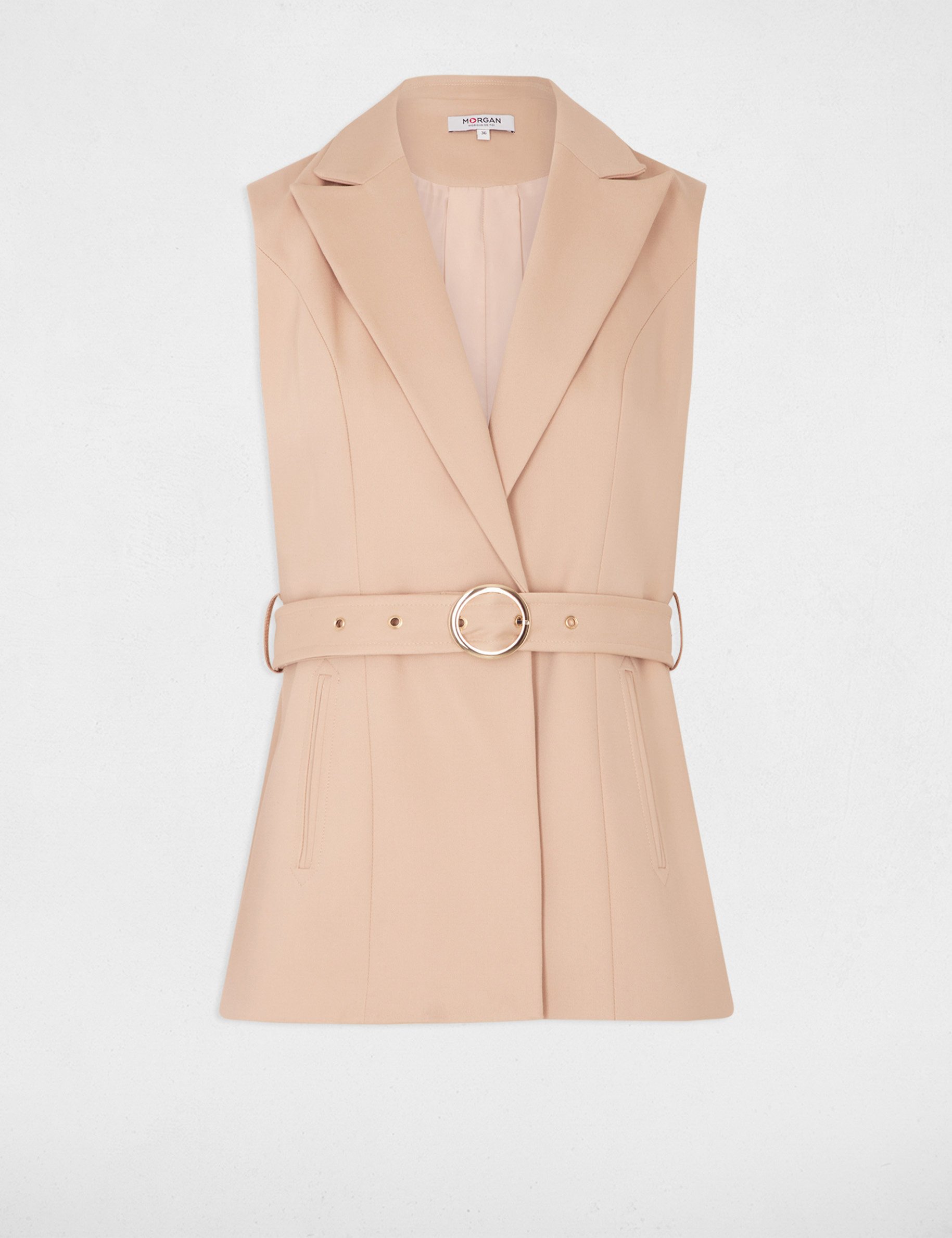 Sleeveless straight jacket with belt light brown women