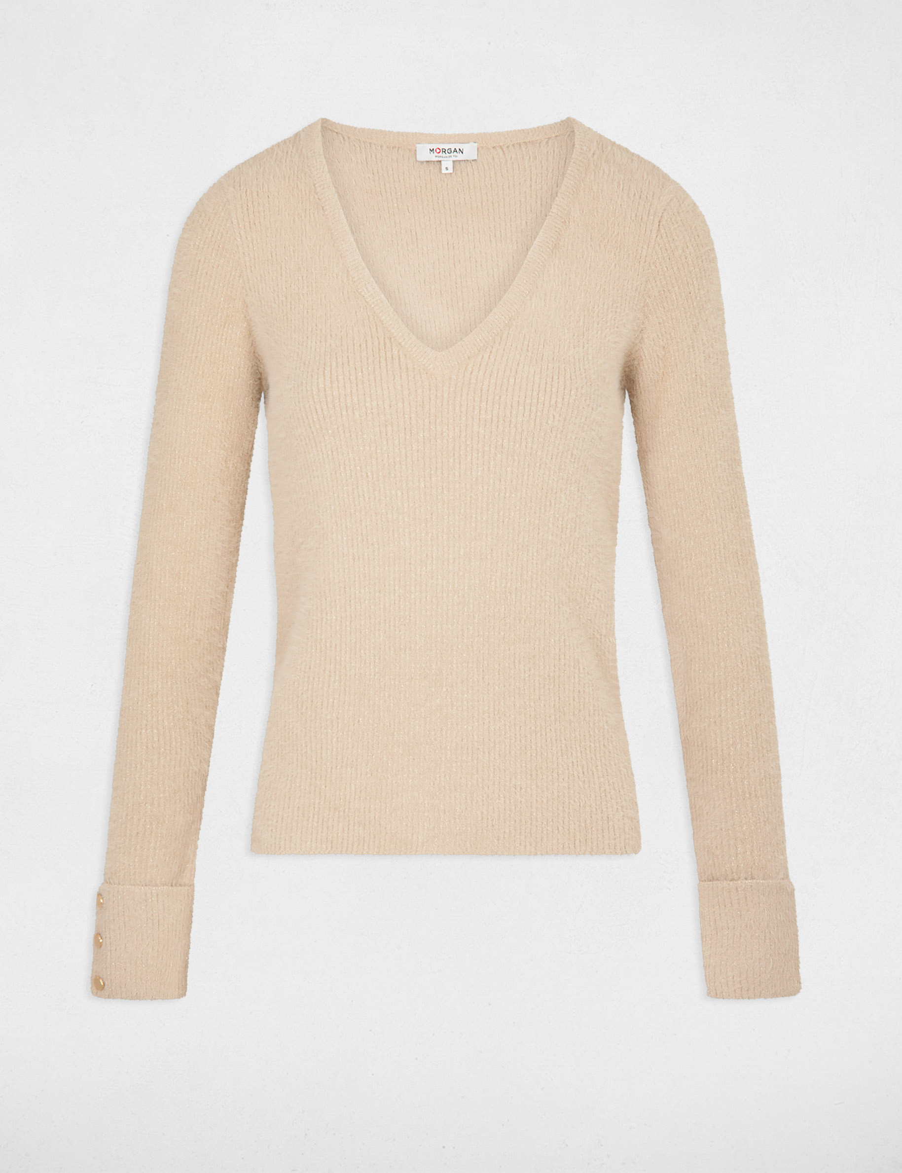 Long-sleeved jumper with V-neck taupe women